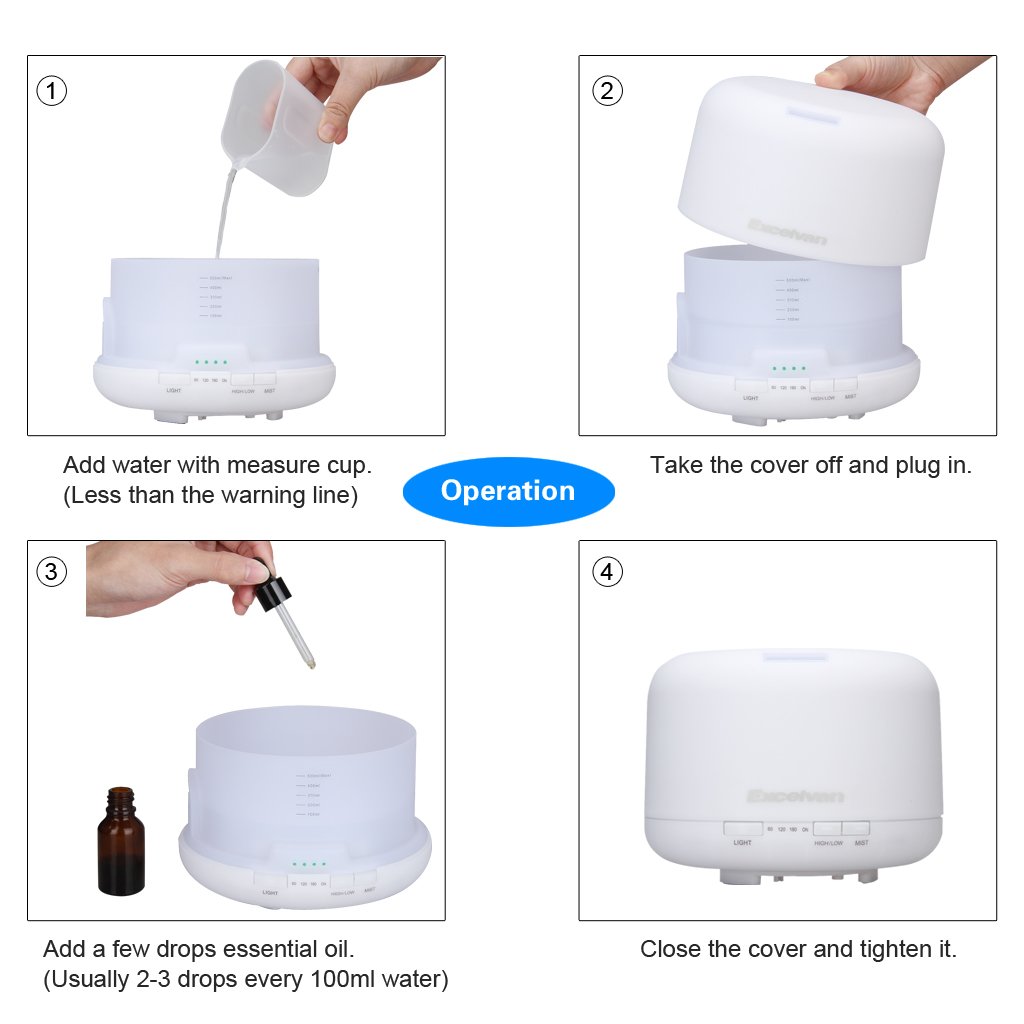 Excelvan 500ML Oil Aroma Diffuser Ultrasonic Cool Mist Humidifier LED Color Changing Lamp Light Ionizer Waterless-Auto Shut off White