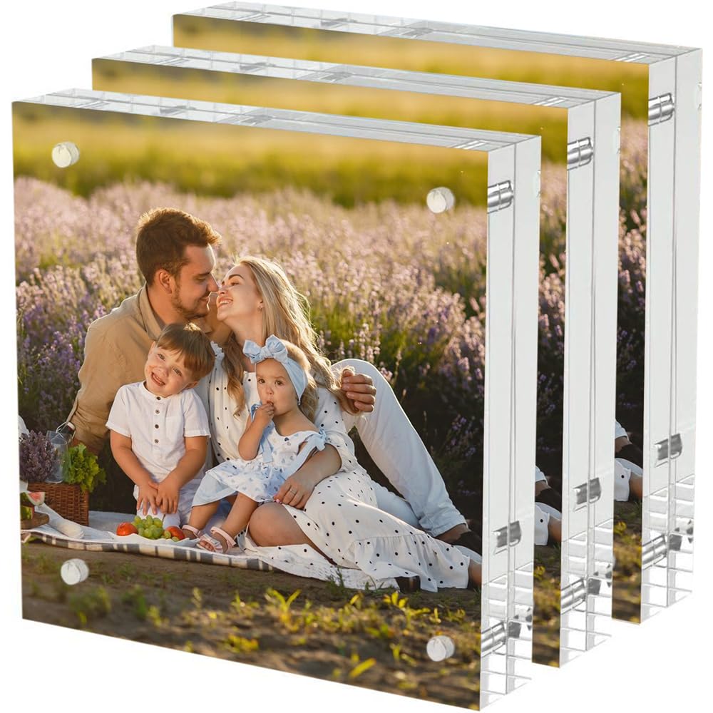 neotimely 4x6 Acrylic Picture Frames 3 Pack, Thicker Block, Freestanding Double Sided Magnetic Acrylic Frameless Transparent Square Frame for Desktop Display
