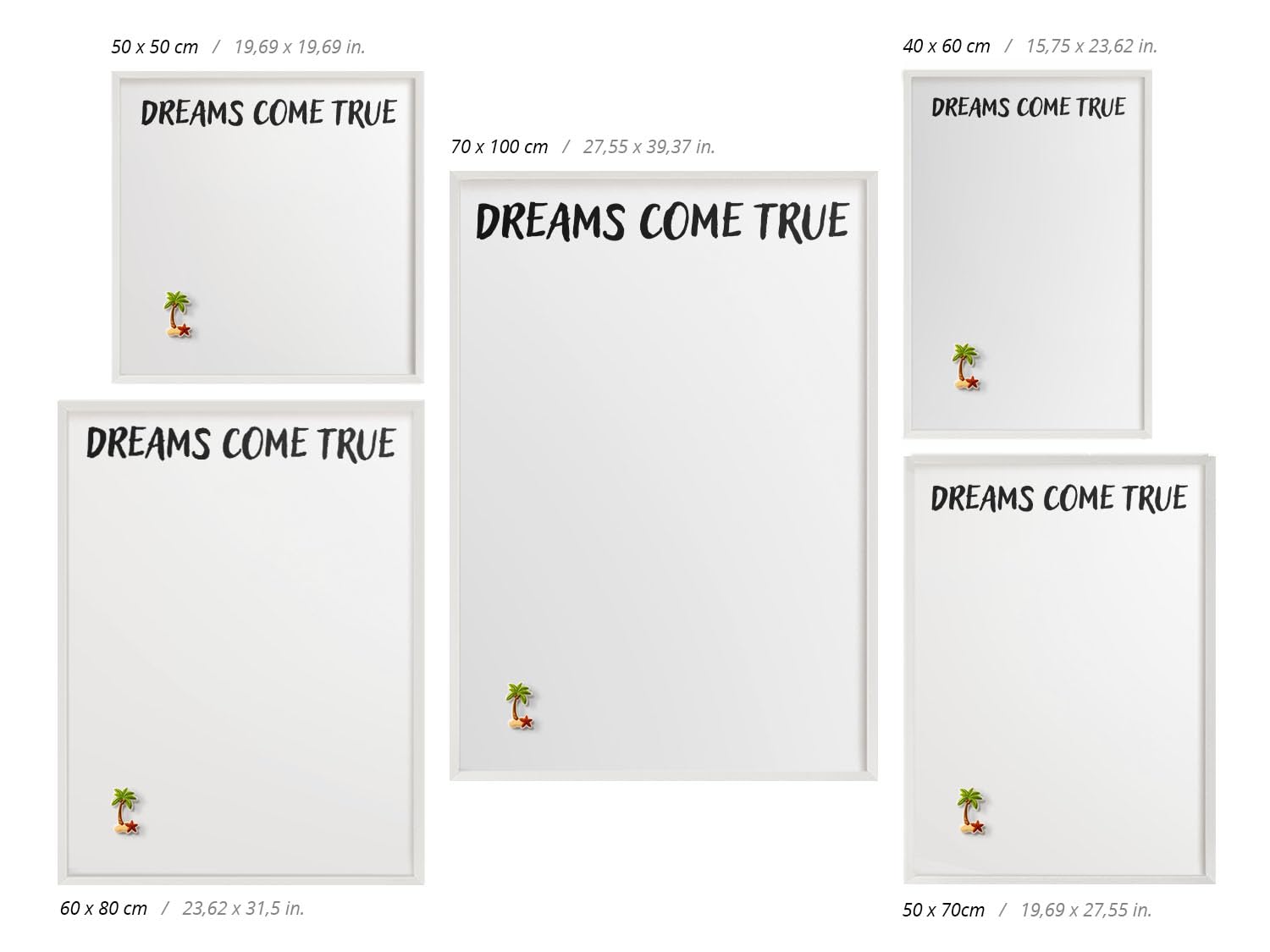 Pizarra Magnética de Pared 40x60 cm | con Marco Blanco | Dreams Come True | Montaje Fácil | Tablero Imantado | Para Imanes Turísticos, Recuerdos de Viaje y Fotos | Decoración para Salón o Pasillo