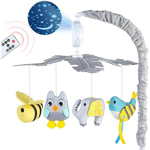 VZO Baby Crib Mobile with Music and Lights, Mobile for Crib with Remote Control, Rotation, Starlight Projection, Crib Toys for Babies Boys Girls Gray