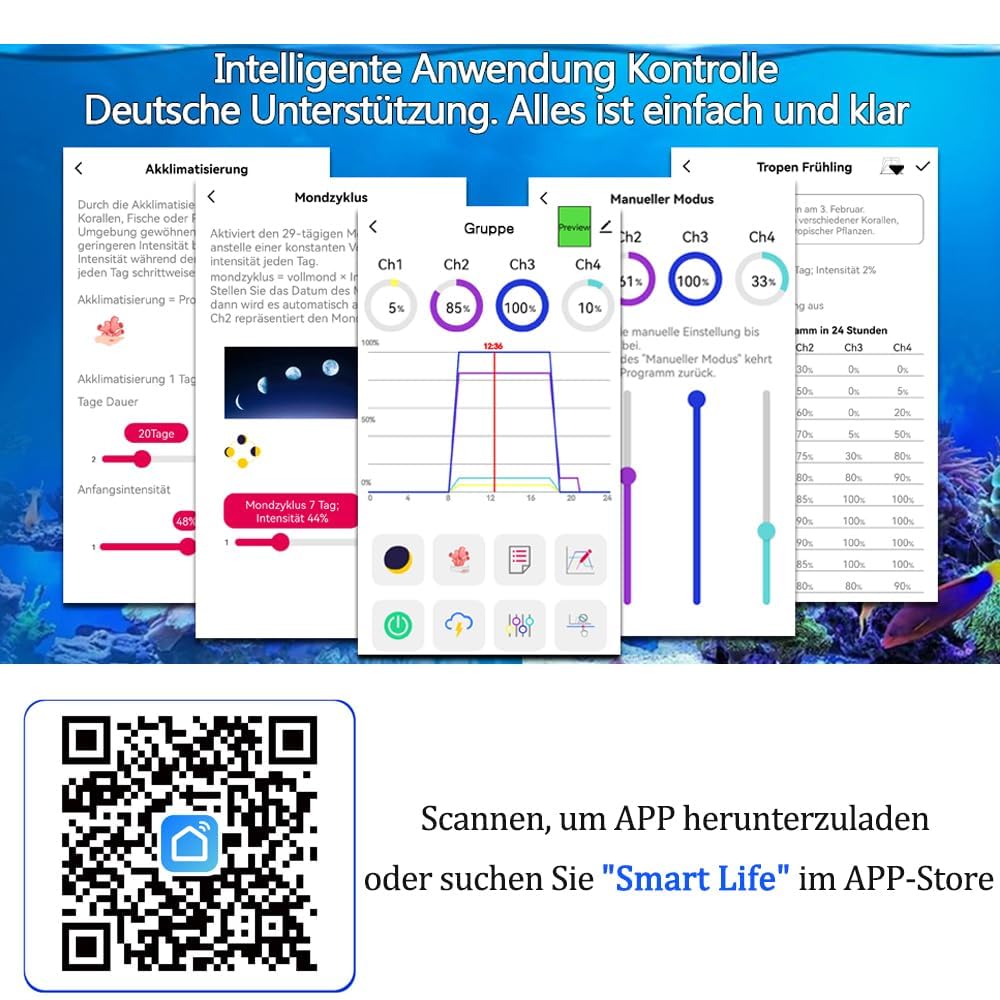 PopBloom RL90 WiFi Meerwasser LED 100W, Salzwasser LED Beleuchtung für Reef Coral Fish Wasserpflanzen Salzwasser Aquarium,APP unterstützt Deutsch (1 WiFi Lampe mit Aufhängung)