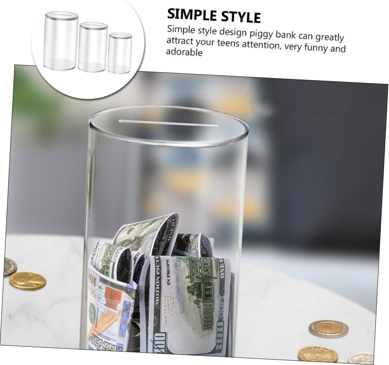 3-Piece Acrylic Money Saving Box Set Coin Bank Money Container for Boys and Girls Adults Supply Coin Pot Lid