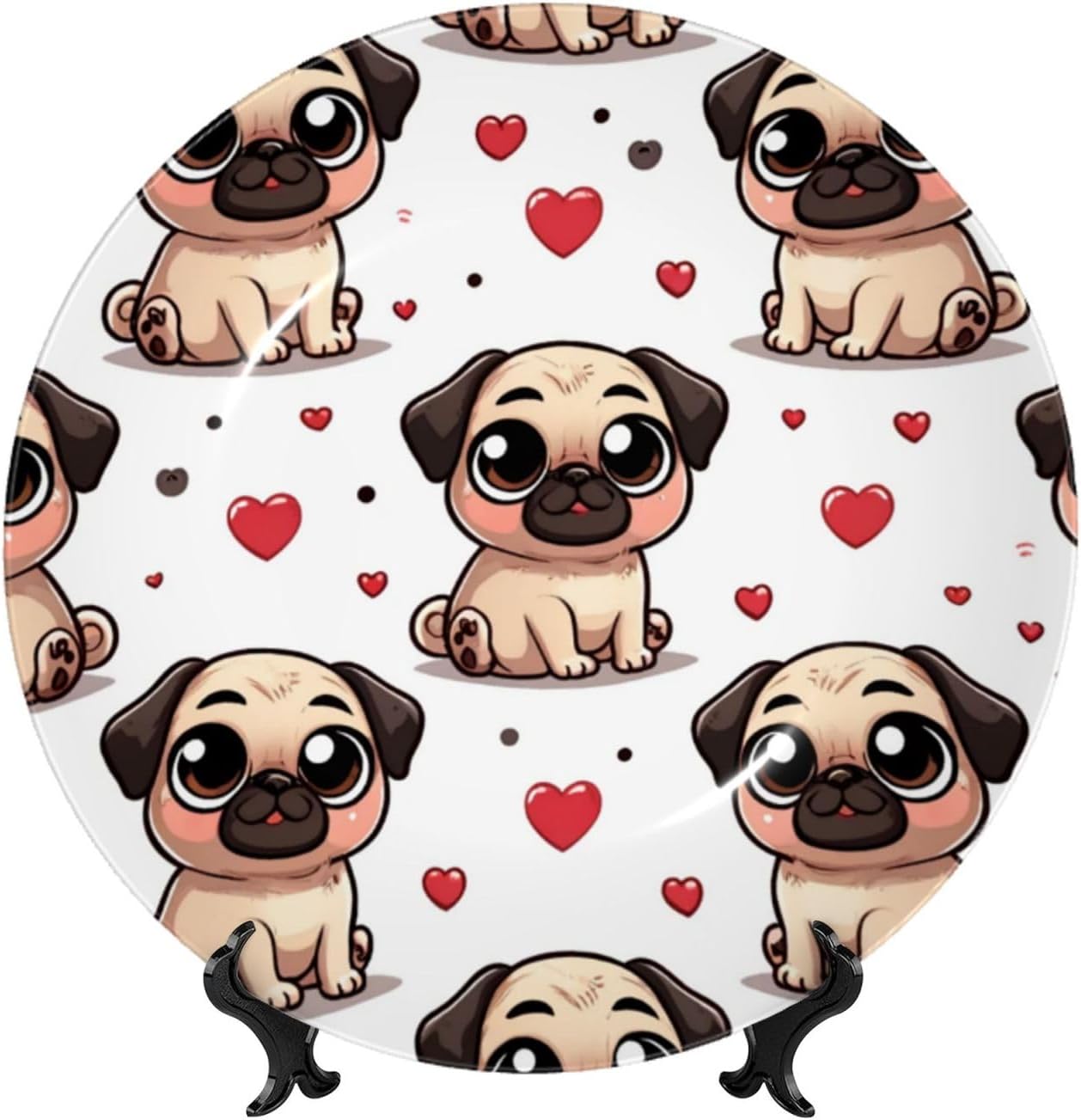 Cartoon-Pugs-Puppies-Hearts 10 Inch Decorative Plate With Stand, Elegant Display Wall Plate For Home Decor