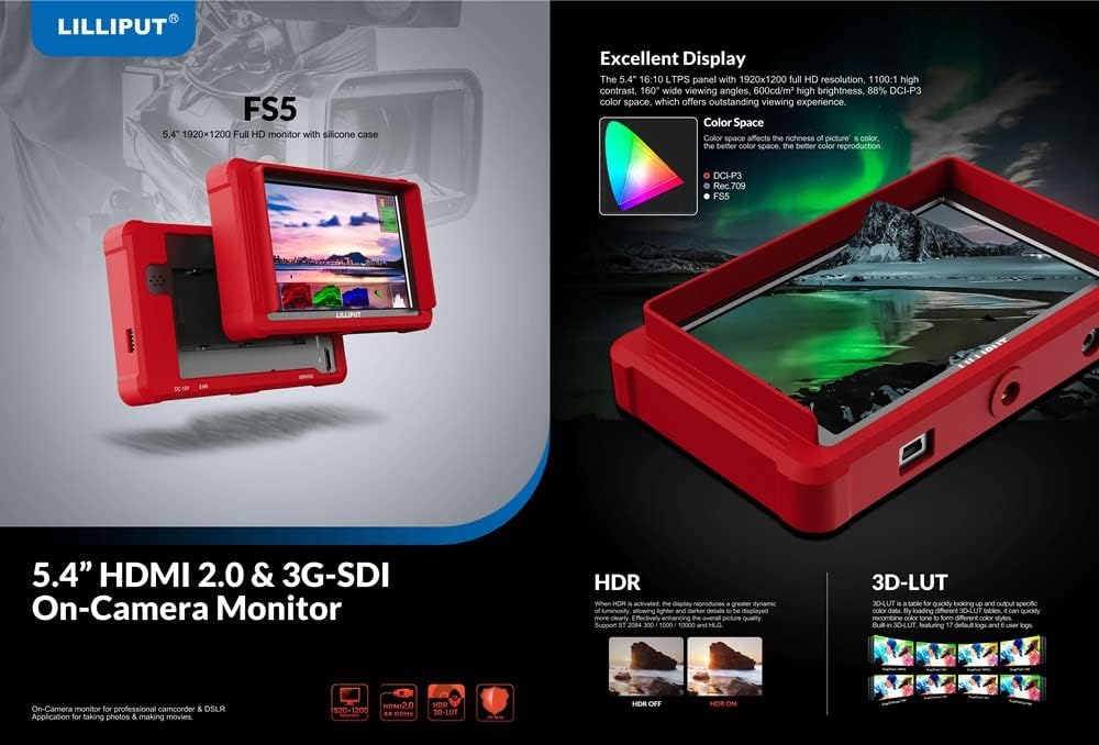 Lilliput Camera Monitor FS5 5.4 inch 60HZ 4K HDMI 2.0 3G 3D-LUT SDI Video Assist 1920 * 1200 Full HD with Silicone Case
