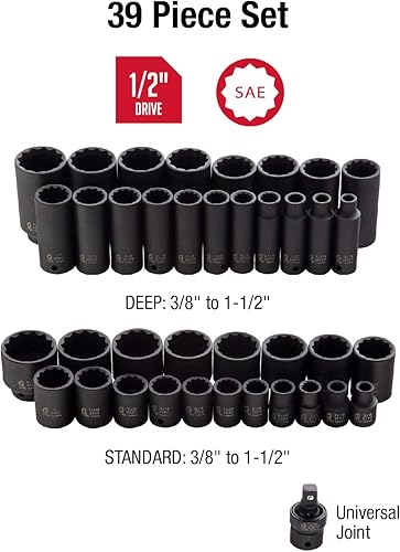 Miniatura 2 de SUNEX TOOLS 2698 Juego de llaves de impacto maestro SAE de 12 puntos con accionamiento de 1/2 pulgadas, 39 piezas