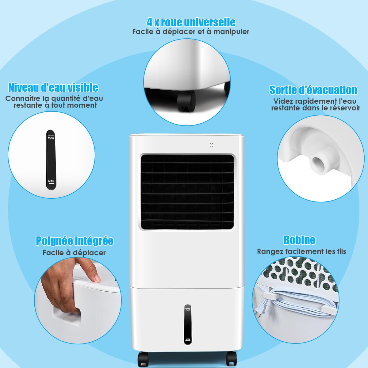 GOPLUS Rafraichisseur d’Air 4 en 1 avec Télécommande, Ventilateur Portable Mobile Sans Évacuation, Réservoir d’Eau 20L, 4 Vitesse, Refroidissement, Purification, Minuterie 7,5H, Silencieux, Chambre