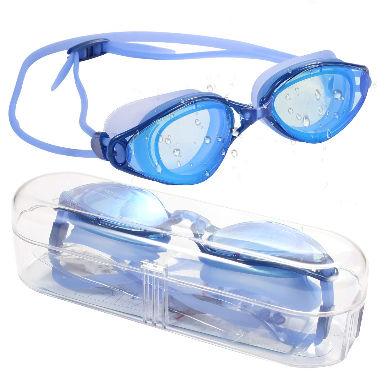 Poxas Lunettes de natation effet miroir, sans fuite, anti-buée, protection UV avec étui de protection gratuit pour adultes, hommes, femmes, enfants (verres miroir bleu/bleu)
