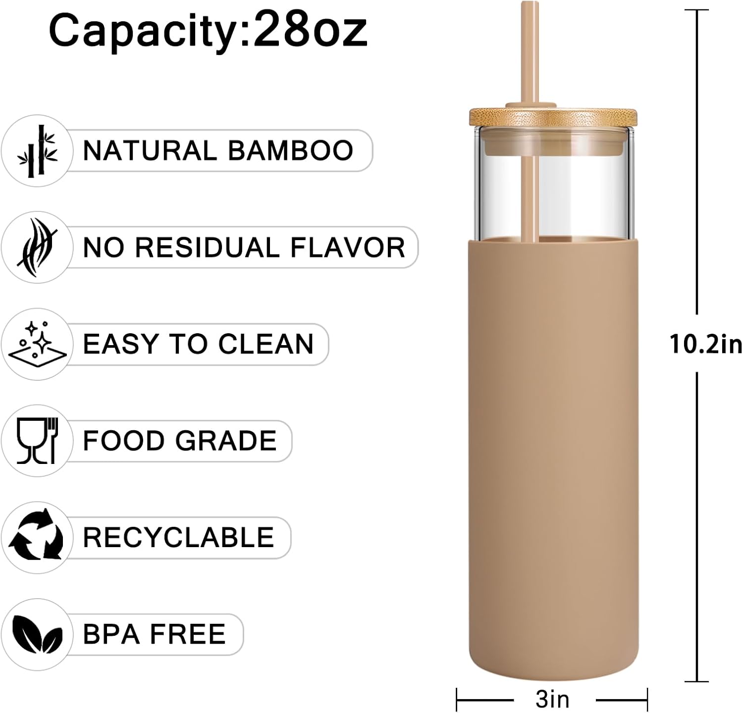 Tronco 28 oz Glass Tumbler with Lids and Straw, Reusable Iced Coffee Cup & Smoothie Cup with Bamboo Lid, Silicone Sleeve, Dishwasher Safe, BPA-Free Borosilicate Glass, 2 Pack