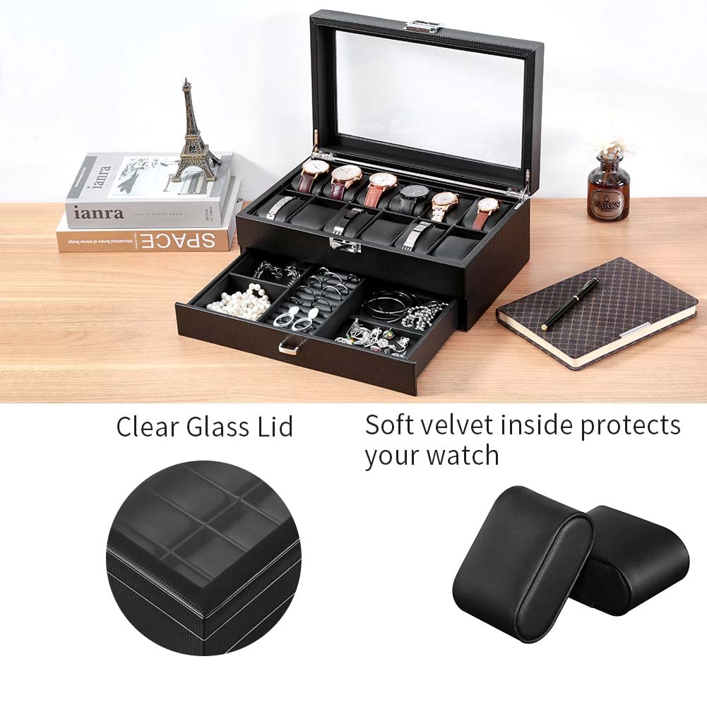 Boîte de Montre en Bois, Support de Boîte de Rangement d'affichage de Montre, Présentoir Coffret Boîte de Stockage pour Bijoux Bracelets et Boutons de Manchette, 30 x 20 x 13 cm (Kohlefaser-W79T)