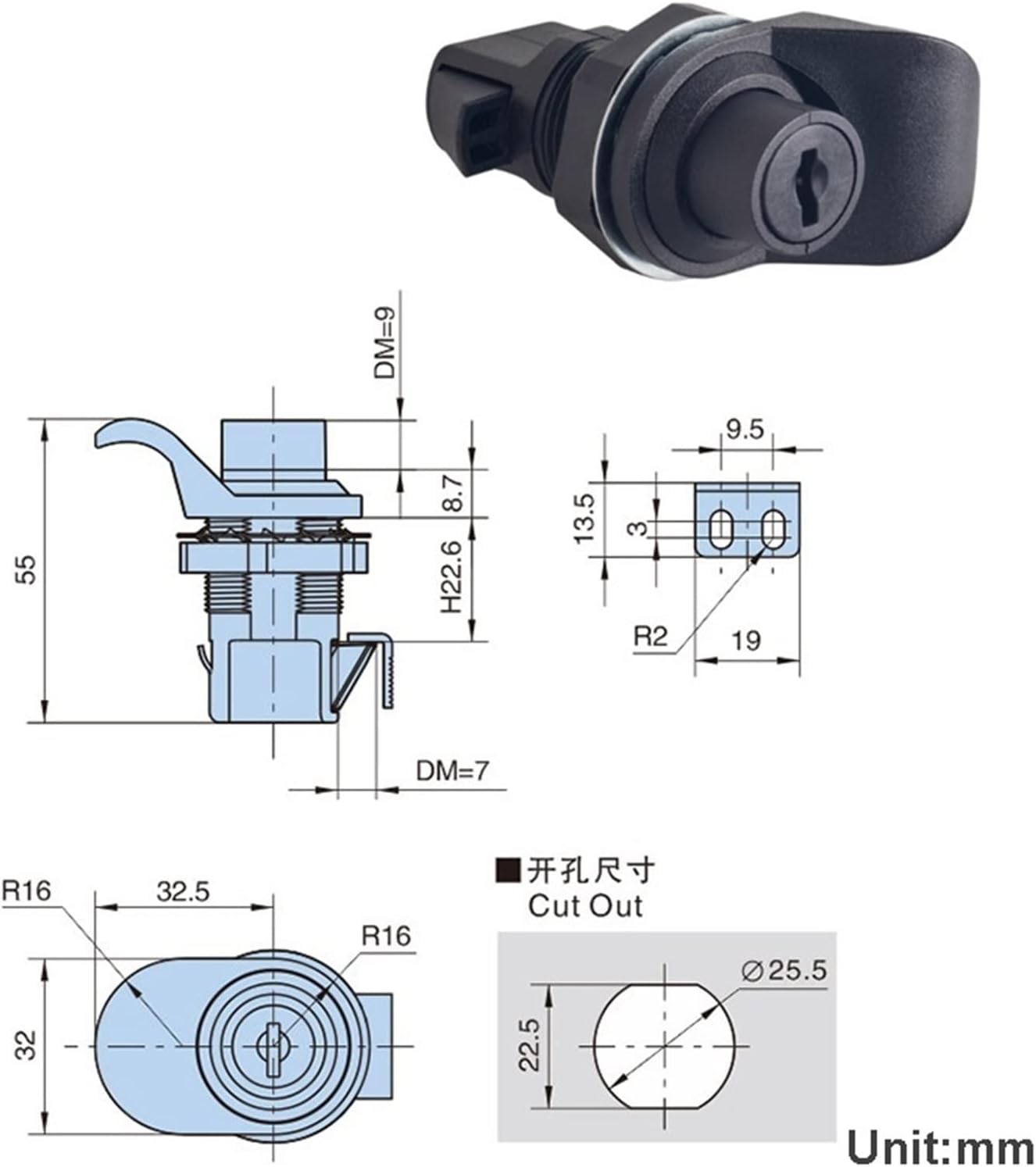 Switch Cabinet Door Lock with Knob PA6 Nylon for Electronical Box Boat Cupboard Car Truck Airbox MS575 1Pcs
