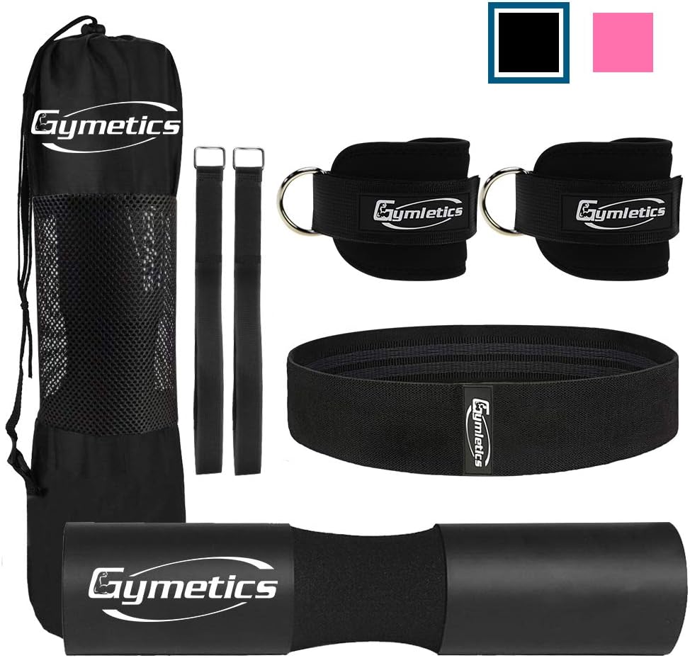Gymletics7 Pack Barbell Squat Pad for Standard Set, Barbell Pad for Hip Thrusts, 2 Gym Ankle Straps, Hip Exercise Band, 2 Squat Pad Safety Straps and Carry Bag …