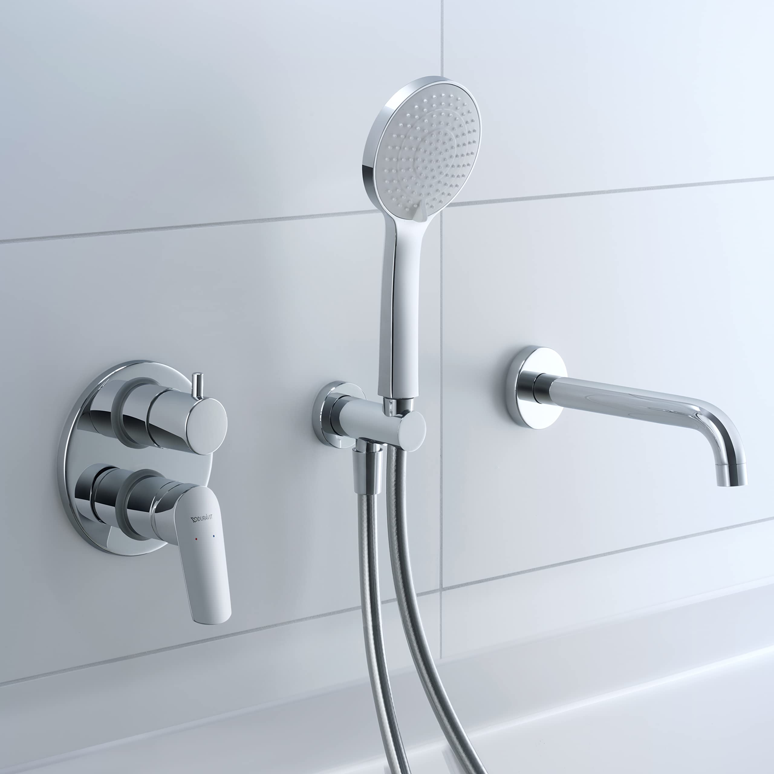 Duravit Universal Codo de conexión a la pared, Conexión de manguera incl. soporte de ducha, Codo de conexión a la ducha con tapa redonda, cromo