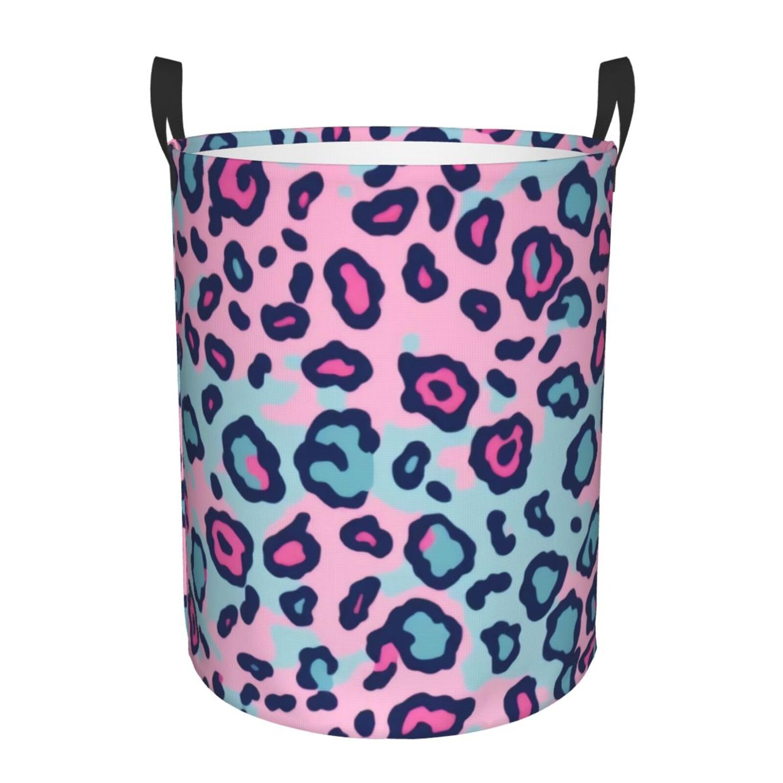 Xdhffjuck Black Circular Laundry Basket | Pink Lepard | Foldable Laundry Hamper, Waterproof Oxford Cloth Dirty Laundry Basket With Handles, Toy Storage Basket For Bedroom, Bathroom, Office, College Dorms