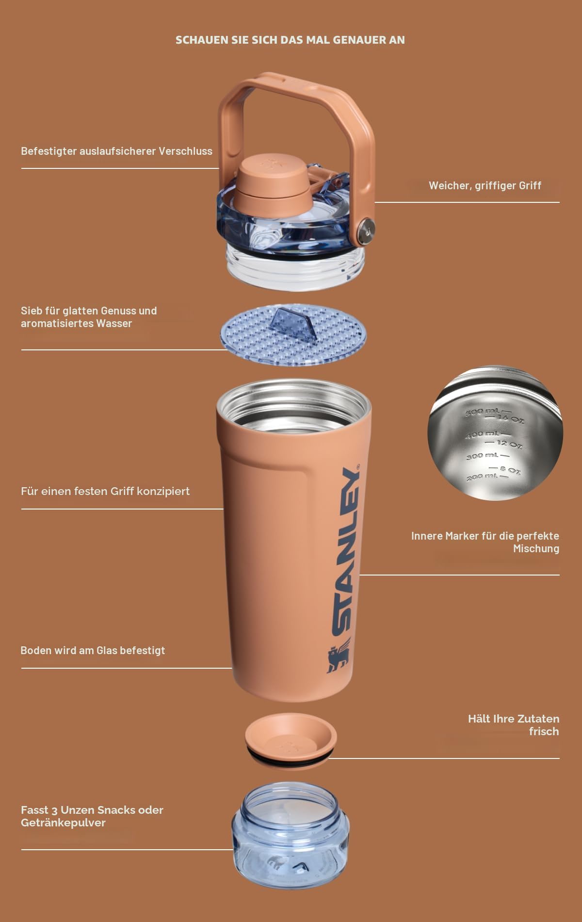 STANLEY Fitness-Shaker-Flasche, 590 ml, auslaufsicher, aus Edelstahl, mit Schnellfluss-Deckel, für Proteinshakes und Pre-Workout-Pulver, BPA-frei, grün