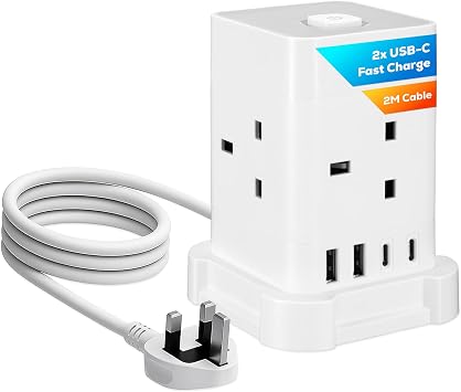 TCP Tower Extension Lead 2M 13A 250V, Max 3250W, with 2 USB Ports and 2 x 12W USB-C Fast Charger, Compact 4 Way Extension Tower with On/Off Switch, Space-Saving Extension Lead for Home, Office.