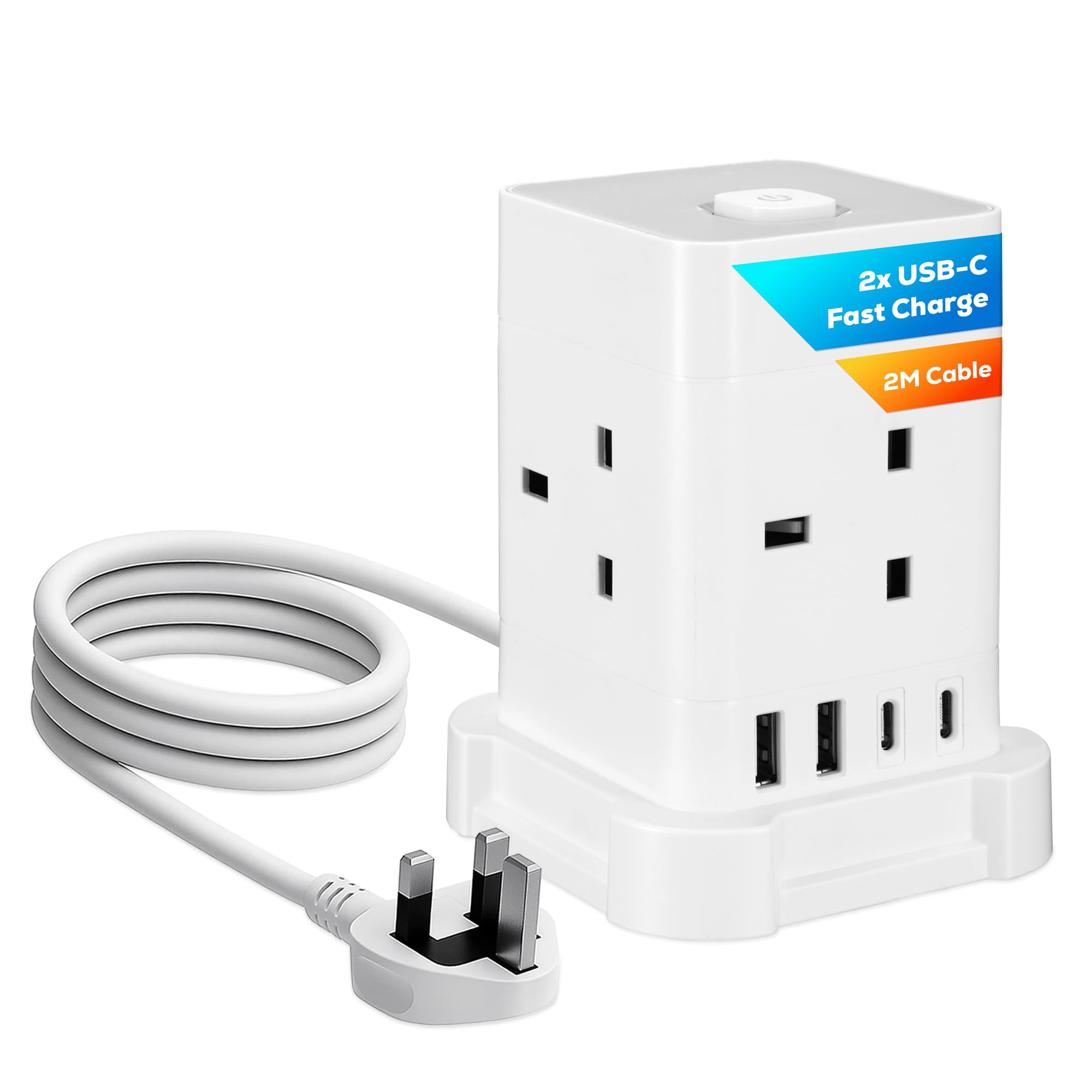 TCP Tower Extension Lead 2M (13A 250V~, Max 3250W), with 2 USB Ports and 2 x 12W USB-C Fast Charger, Compact 4 Way Extension Tower with On/Off Switch, Space-Saving Extension Lead for Home, Office.