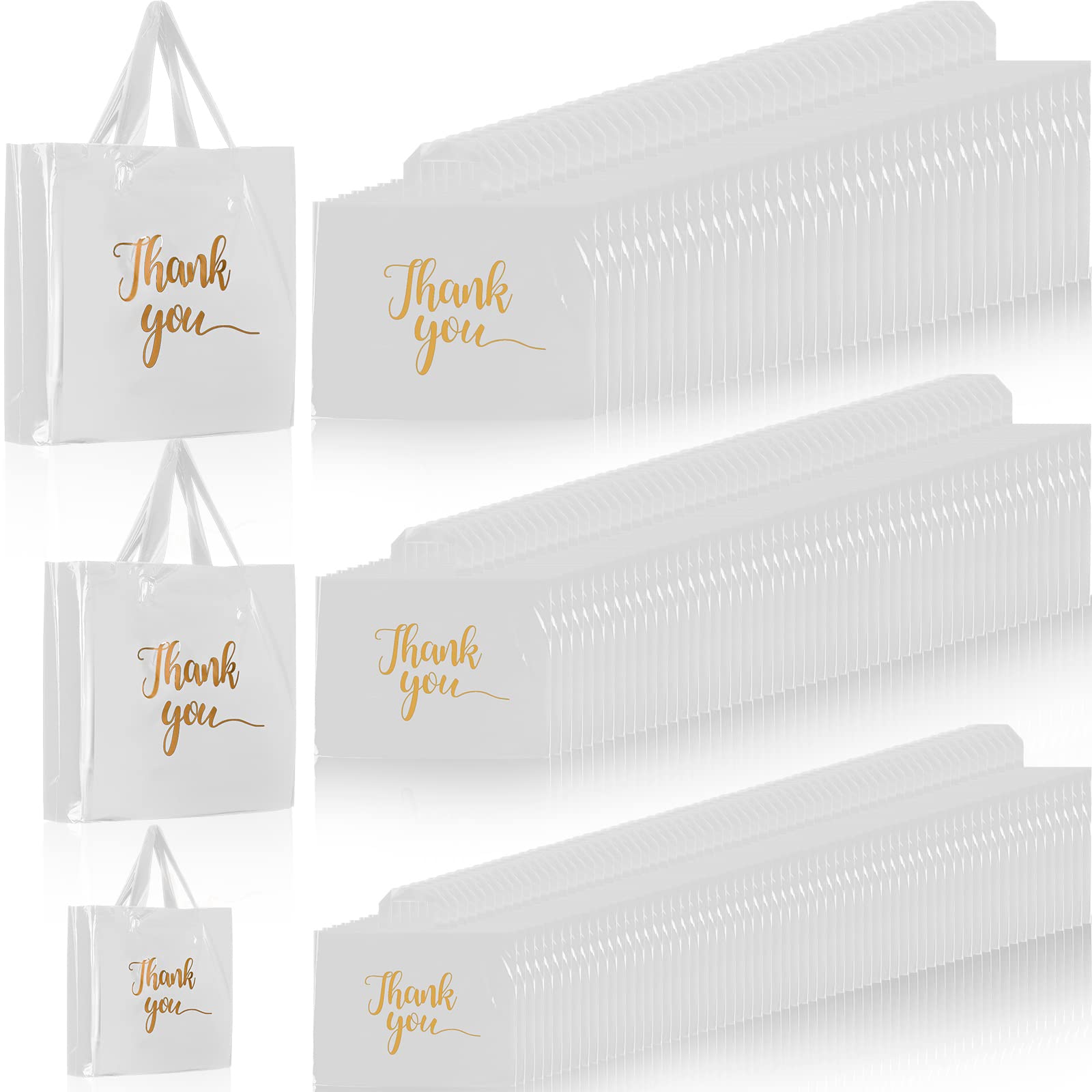 200 Pcs Thank You Bags with Handle Bulk Thank You Merchandise Bags 3 Size Thank You Plastic Bags Retail Shopping Bags Boutique Bags for Business Wedding, 9 x 12'', 12 x 15'', 15 x 18''(White)