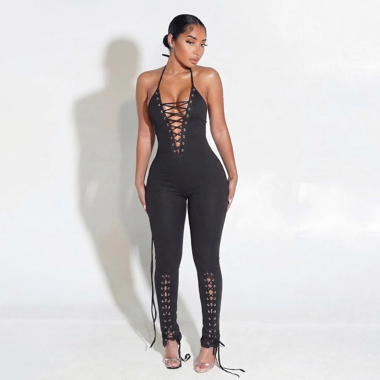 Sexy Hollow Out Jumpsuit For Women sleeveless Halter V Neck Tie Up One Piece Set Street Club Date Night Going Out Set