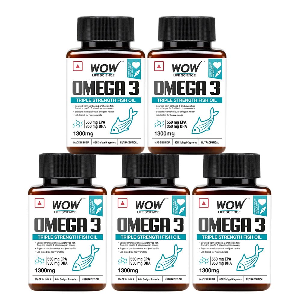 WOW Life Science Omega-3 Fish Oil 1300mg - 60 Capsules For Men & Women | 3X Strength - 550 mg EPA & 350 mg DHA| For Muscle & Joint Support, healthy Heart & Cognitive Support No Fishy Burps | Pack of 5 (B0D9B68JC8) Amazon Price History, Amazon Price Tracker