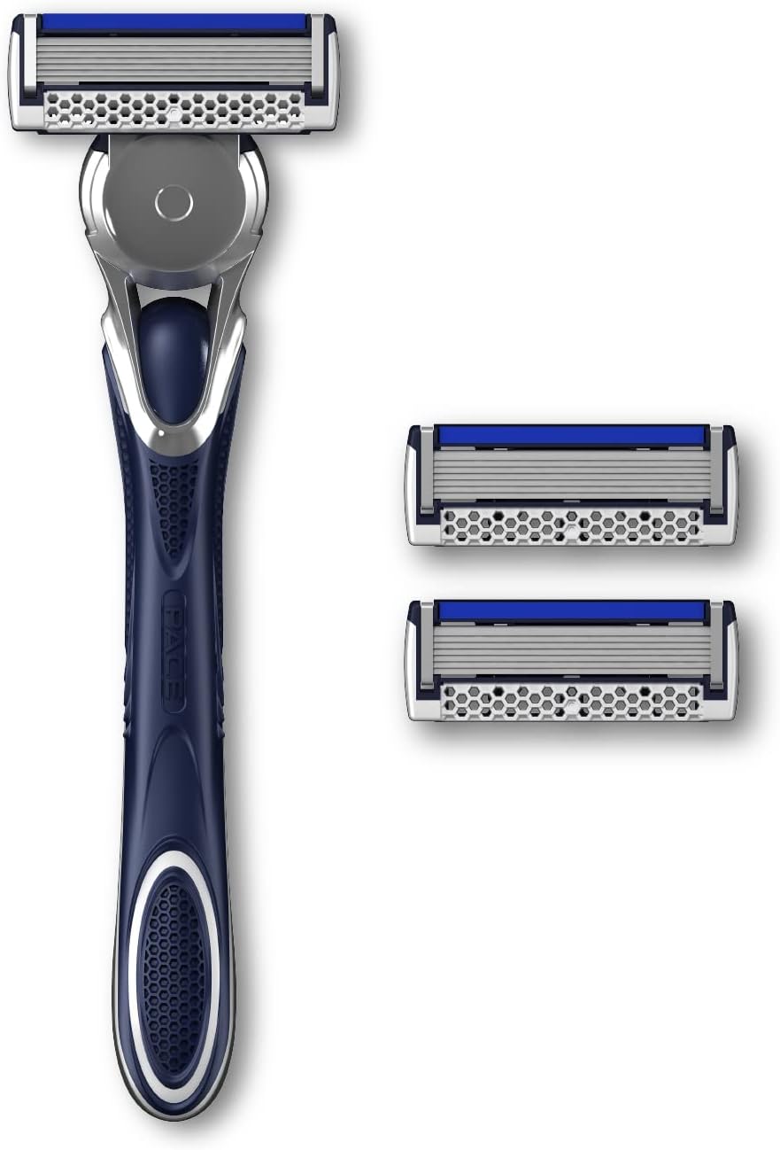 – Pace 7 Men'S Razor,1 Handle + 2 Cartridges, Pivoting Head,7 Micro Positioned Precision Blades, Smooth Shield Lubricating Strip with Aloe Vera and Vitamin E, Interchangeable Docking