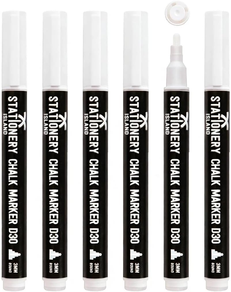 STATIONERY ISLAND White Chalk Pens, 6 Pack Chalk Markers for blackboard, Erasable Liquid Chalk Pens, 3mm Bullet Nib, Marker Pens Wipeable for Chalkboard, Window, Glass and mirror
