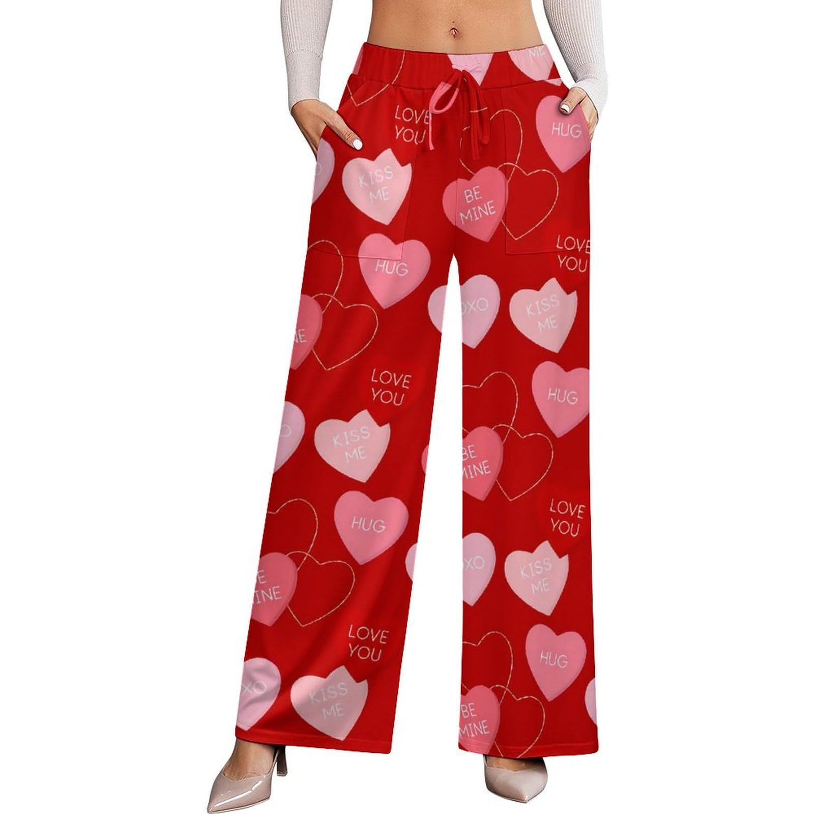 Dyale Red Pink Heart Valentines Day Stretch High-Waisted Wide-Leg Pants Womens Versatile Casual Wear3XL