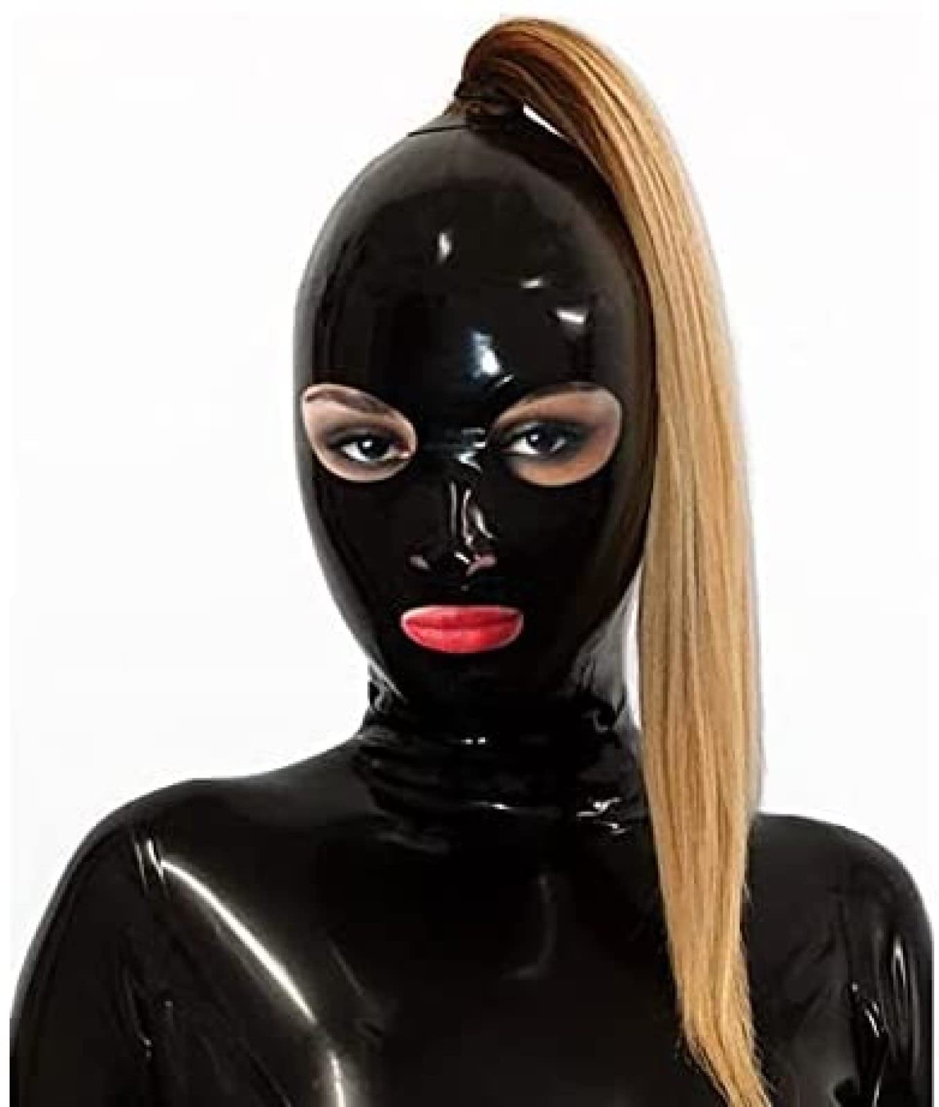 Rubber55の黒のポニテラバーマスク（地模様あり） 黒〜赤のウィッグ付き Amazon.co.jp: ラテックスフード ラバーフード ポニーテール穴付きフル