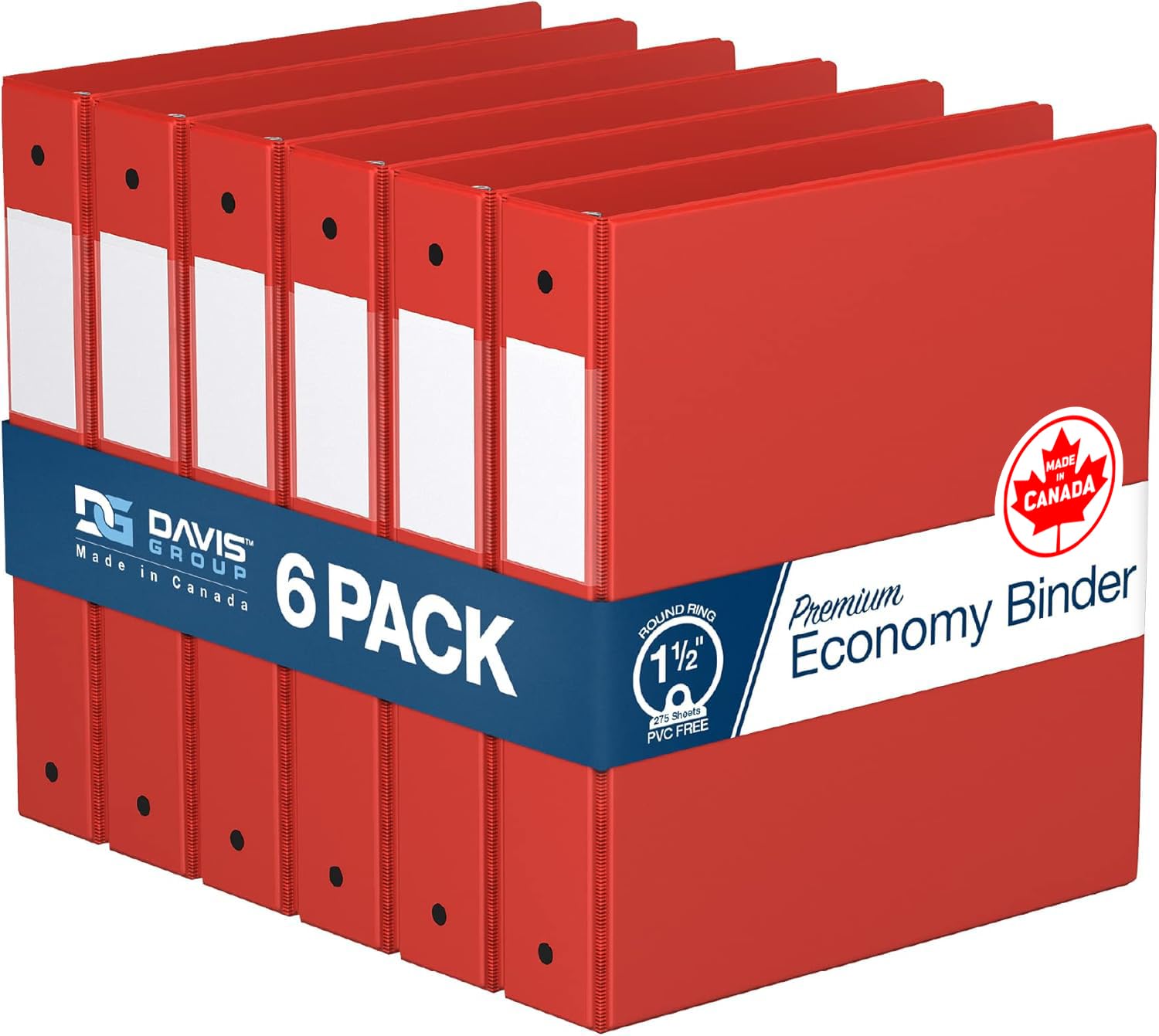 Premium Economy 3-Ring Binder, Spine Label, 1.5" Round Rings, Red, 6 Pack