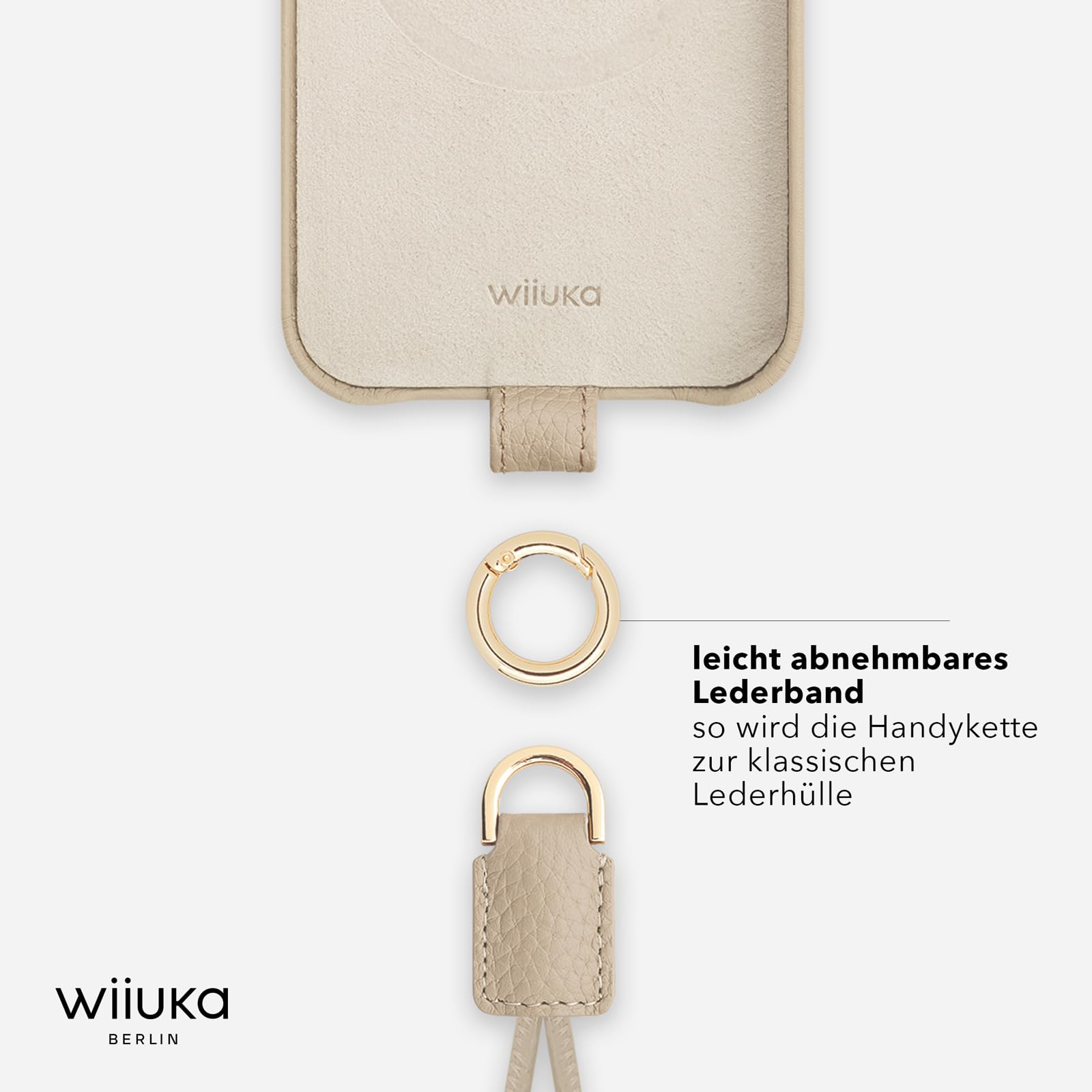WIIUKA Custodia per iPhone 17 Pro Max, in pelle dalla Germania, in pelle per cellulare, custodia di alta qualità, con catena a tracolla, anello per sci, beige crema