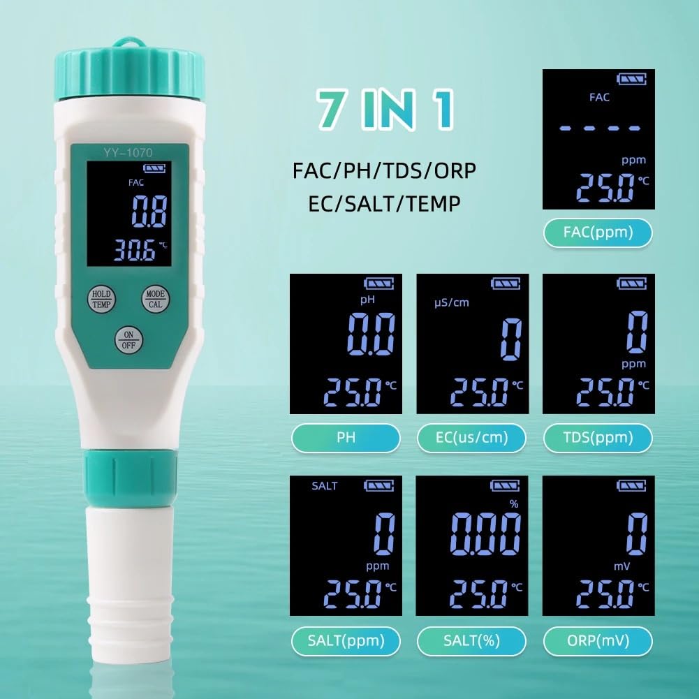 Misuratore di cloro digitale Tester PH 7 in 1 SALT/ORP/TDS/EC/TEMP Analizzatore della qualità dell'acqua CL