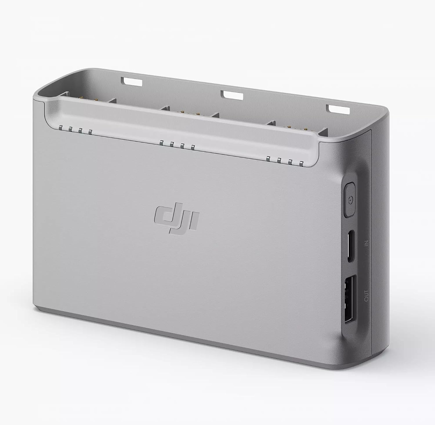 DJI Mini 2 Two-Way Charging Hub with three batteries inserted and charging