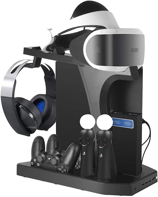 PSVR Stand Compatible with PS4 VR - PS4/Slim/Pro Cooling Station and Charging Dock for PlayStation VR Stand to Charge PS VR Controllers and Accessories Multipurpose PS Charging Stantion Storage