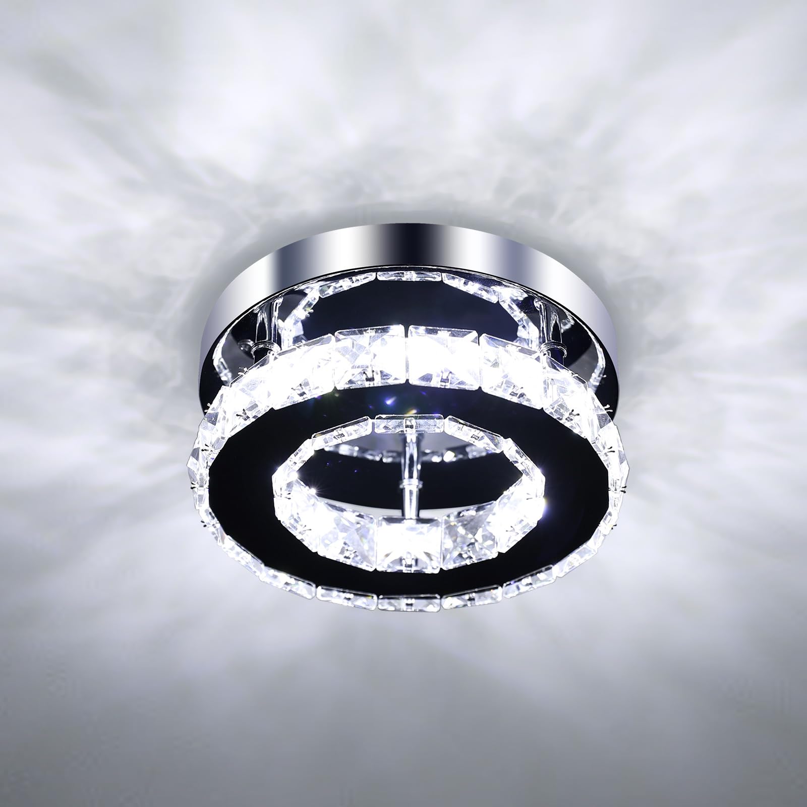 DELIPOP Modern LED Ceiling Light, 12W Mini Crystal Chandelier Flush, Led Ceiling Lamp Finish Chrome, Crystal Pendant for Bedroom, Kitchen, Living Room, Hallway, Dining Room, Cool White 6500K