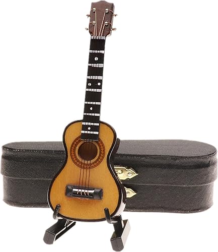 Dselvgvu Ukelele miniatura de madera con soporte y estuche, mini réplica de ukelele, mini instrumento musical, modelo coleccionable de casa de