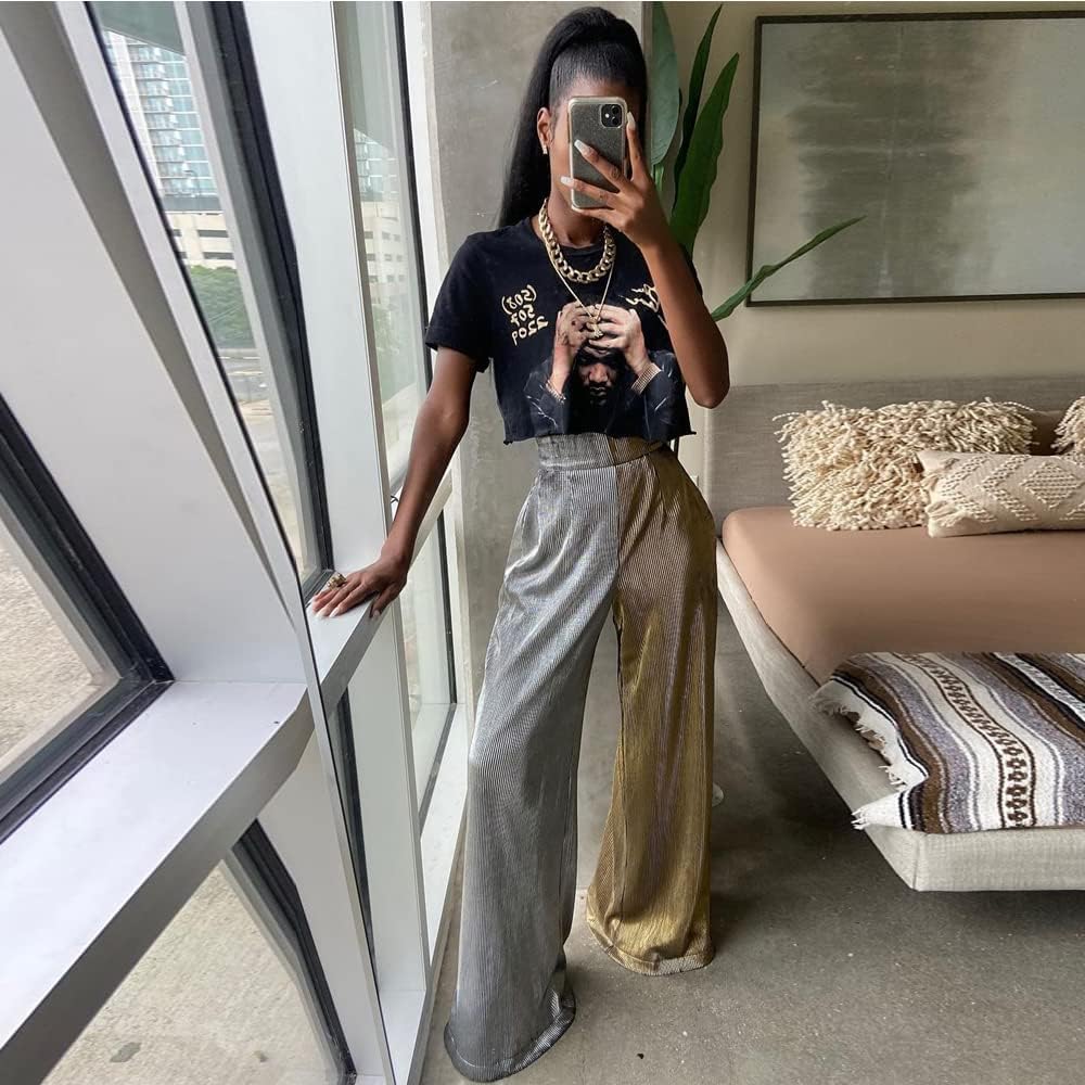 Women Wide Leg Pants Shiny High Waist Flowy Metallic Color Contrast Palazzo Pants Loose Trousers - Image 2