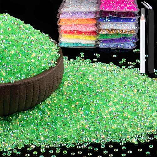 15000pcs 2mm Resin Rhinestones Bulk, Transparent Grass Green AB Flatback Round Jelly Rhinestones Non Hotfix Crystal Gems Large Quantity Wholesale for DIY Crafts Clothes Face Makeup Manicure