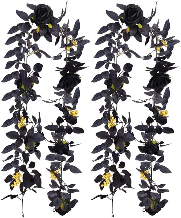 2PACK Artificial Black Rose Vine, Halloween Flower Garland with Roses and Golden Berries, Black Leaves Garland, Hanging Floral Garland for Halloween Home Wall Decorations,5.9 Ft (Black Roses)