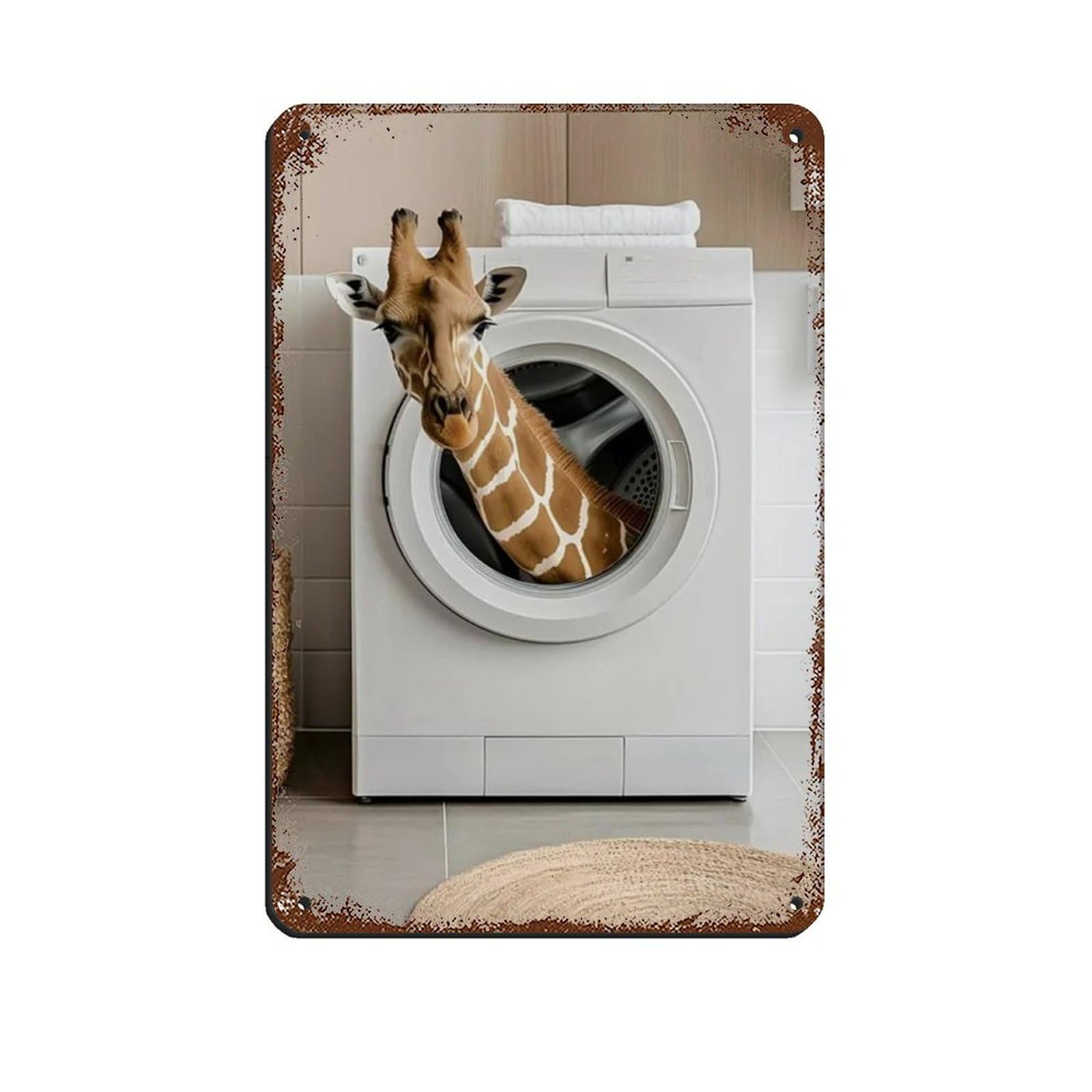 Giraffe in A Washing Machine, Funny Bathroom Art Tin Sign Vintage Metal Pub Club Cafe Bar Home Wall Art Decoration Poster Retro 8x12inch(20x30cm)