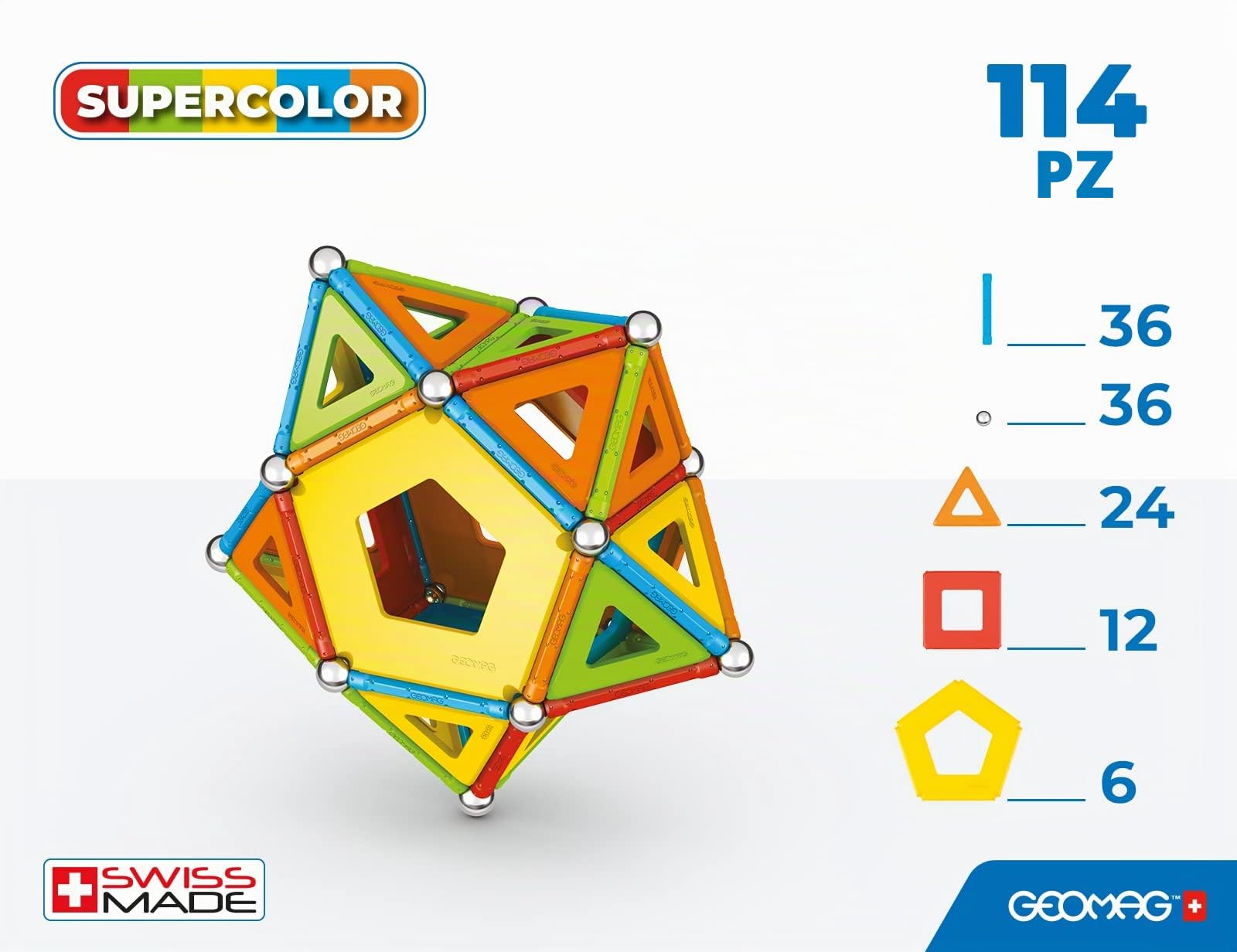 Geomag - Classic Supercolor RE 114 Pezzi, Costruzioni Magnetiche per Bambini Geometriche con Barrette e Pannelli Colorati, Giochi Bambini 5 Anni +, Gioco STEM Educativo, Idea Regalo Natale Compleanno