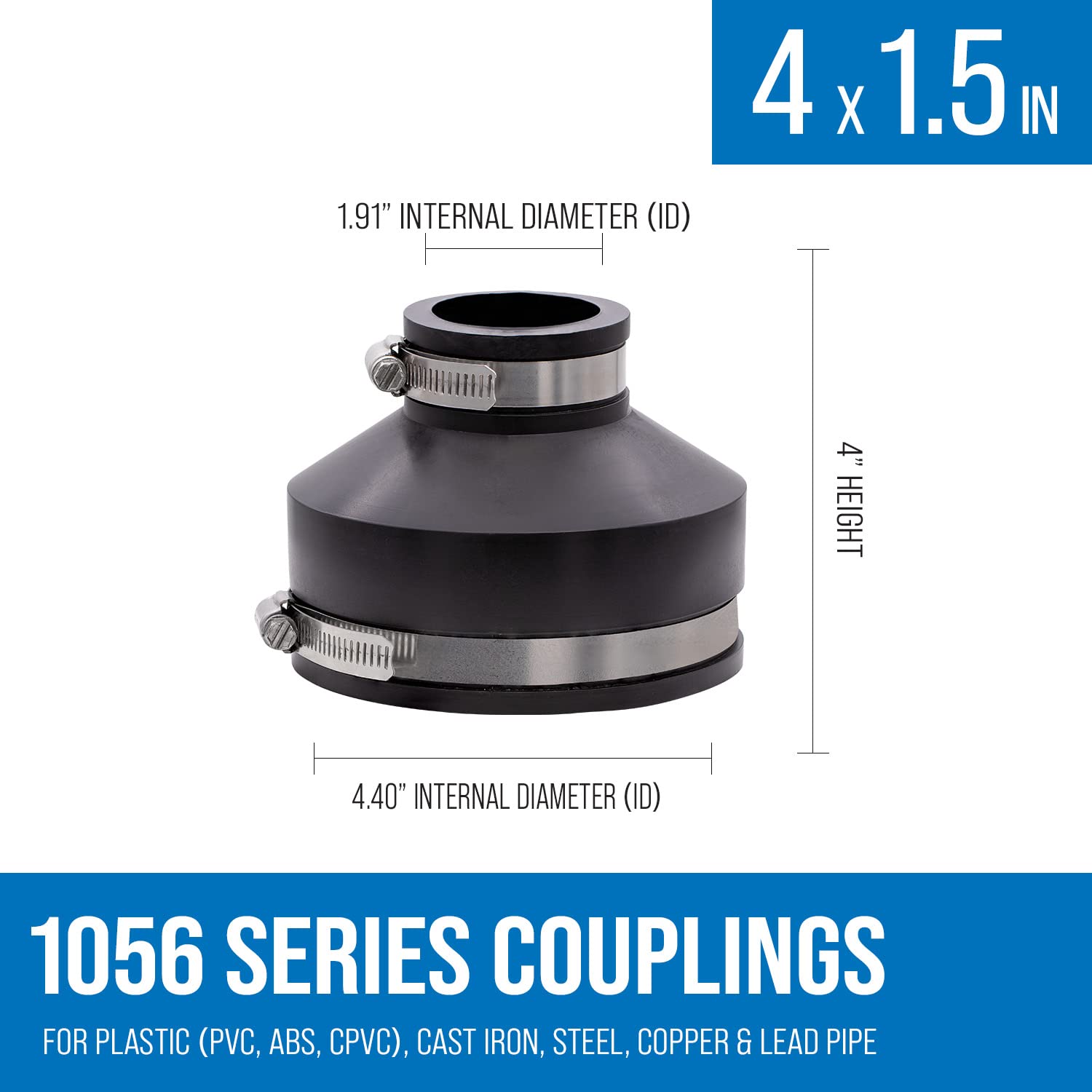 Fernco 1056-415 Reducing 4-in. x 1-1/2-in. Flexible PVC Pipe Coupling for Cast Iron and Plastic Plumbing Connections in Black