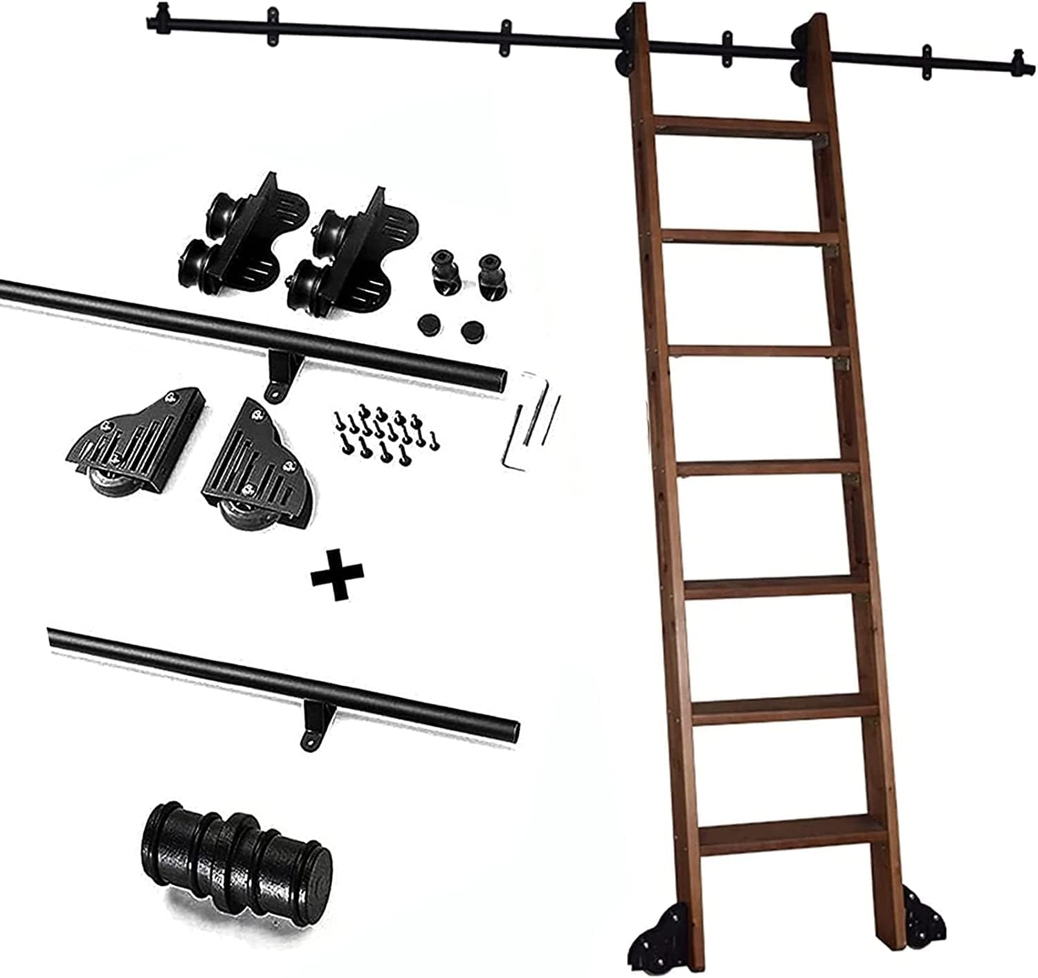 Telescopic Library Ladder Hardware Kit Black Round Tube Track/Rail, with Floor Roller Wheel Mobile Ladder Track/Rail, Rolling Ladder Track Kit Full Set Hardware (No Ladder)