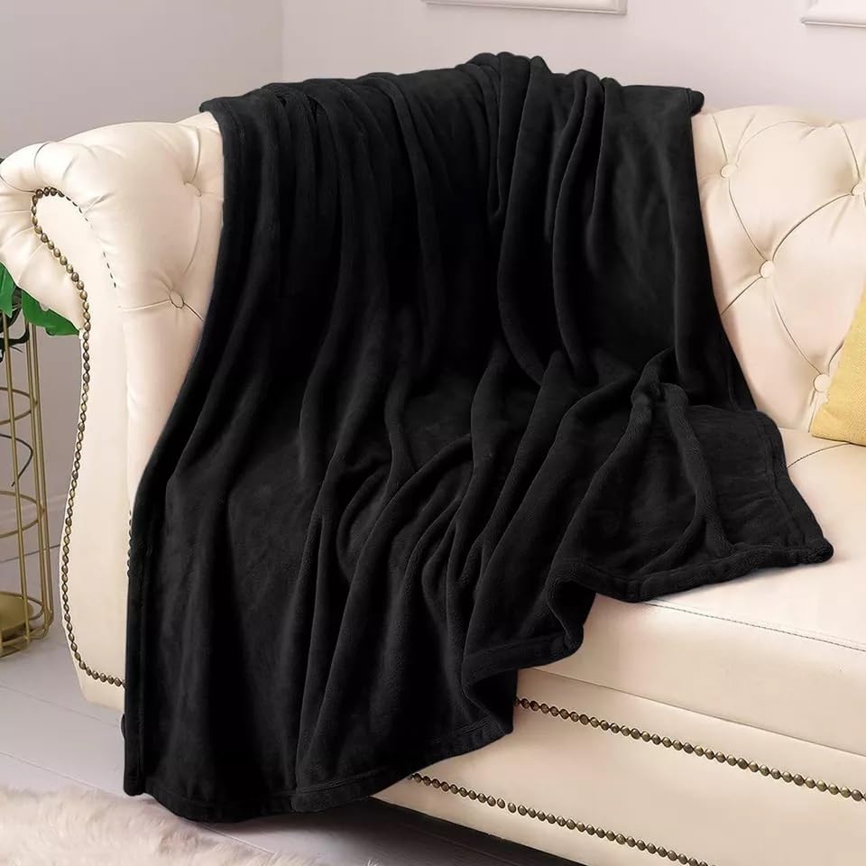 Plain Throw Fleece Blanket Supersoft Warm Cozy Sofa Settee Bed Cover for Home Couch & Bedroom (Black, Double)