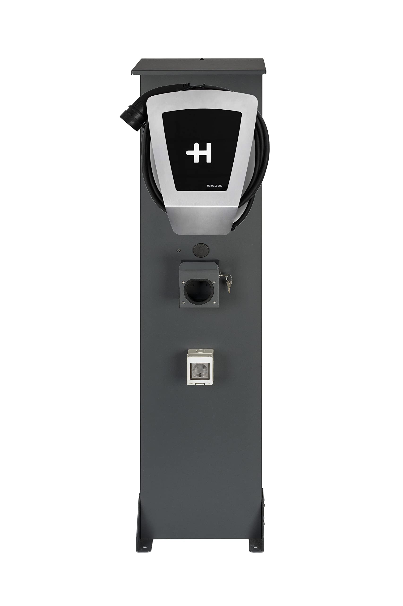Supporto Premium Universale per Wallbox in Alluminio con Tetto e Presa 16A, 3,7kW (Tetto, Antracite, Supporto per Cavi con Serratura)