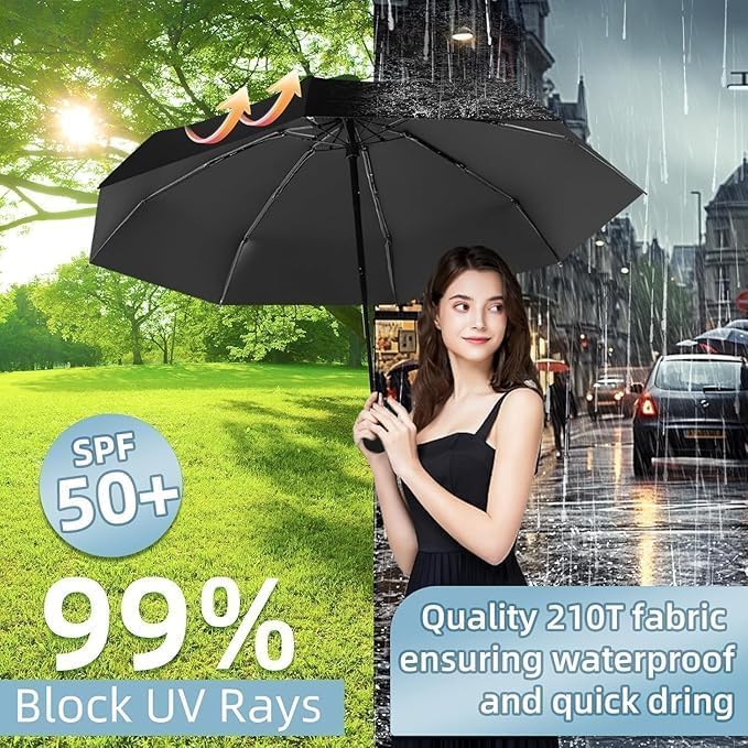 MOROVIK Portable Auto Travel Umbrella, UV Big Size Umbrella for Sun Protection Rain Windproof Strong large 3 fold for men women kids boys girls Perfect small & stylish Windproof & Compact (BLACK ( POUCH ) - 1) 1