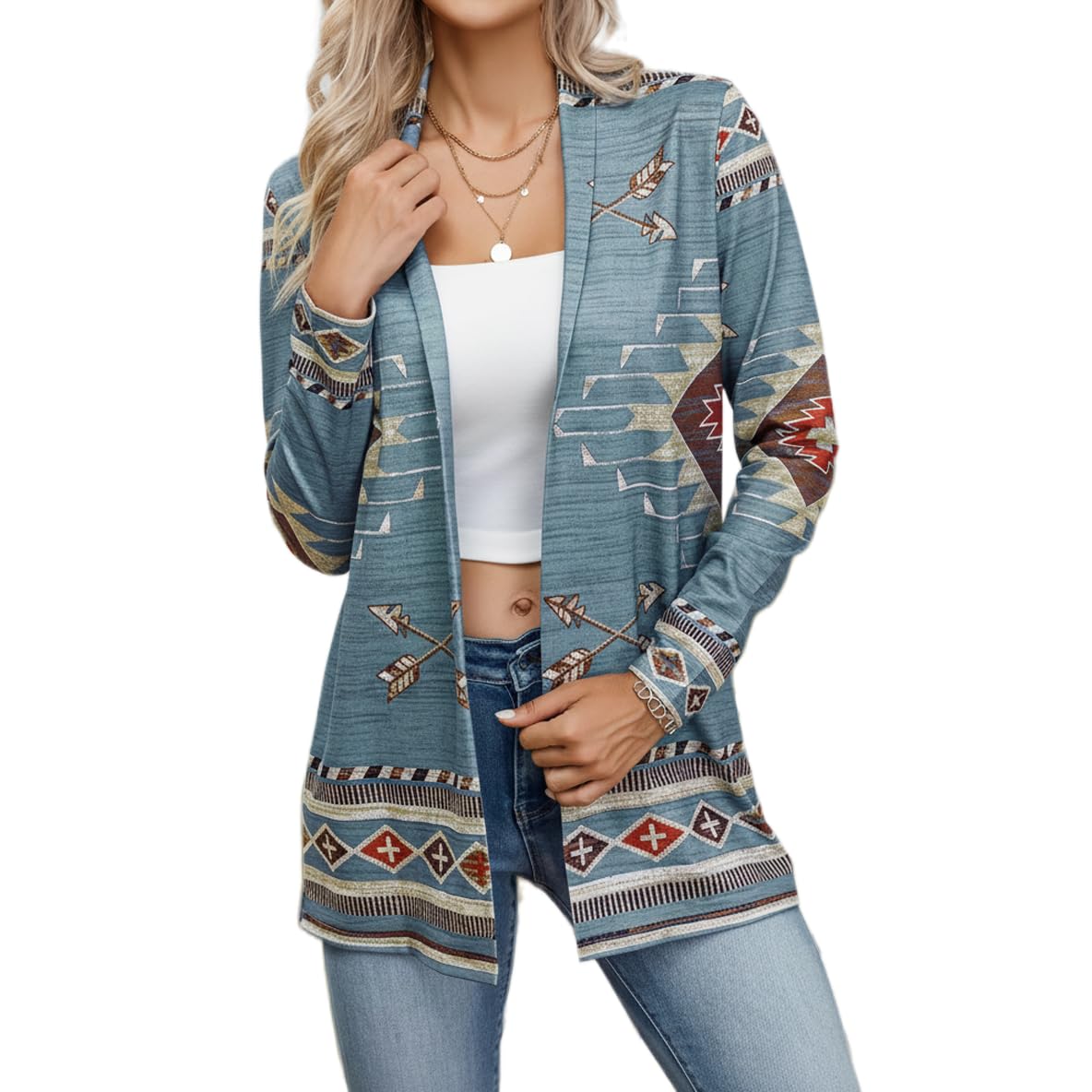 Womens Aztec Open Front Cardigan Western Geometric Long Sleeve Shawl Collar Casual Loose Fall Lightweight Cardigan