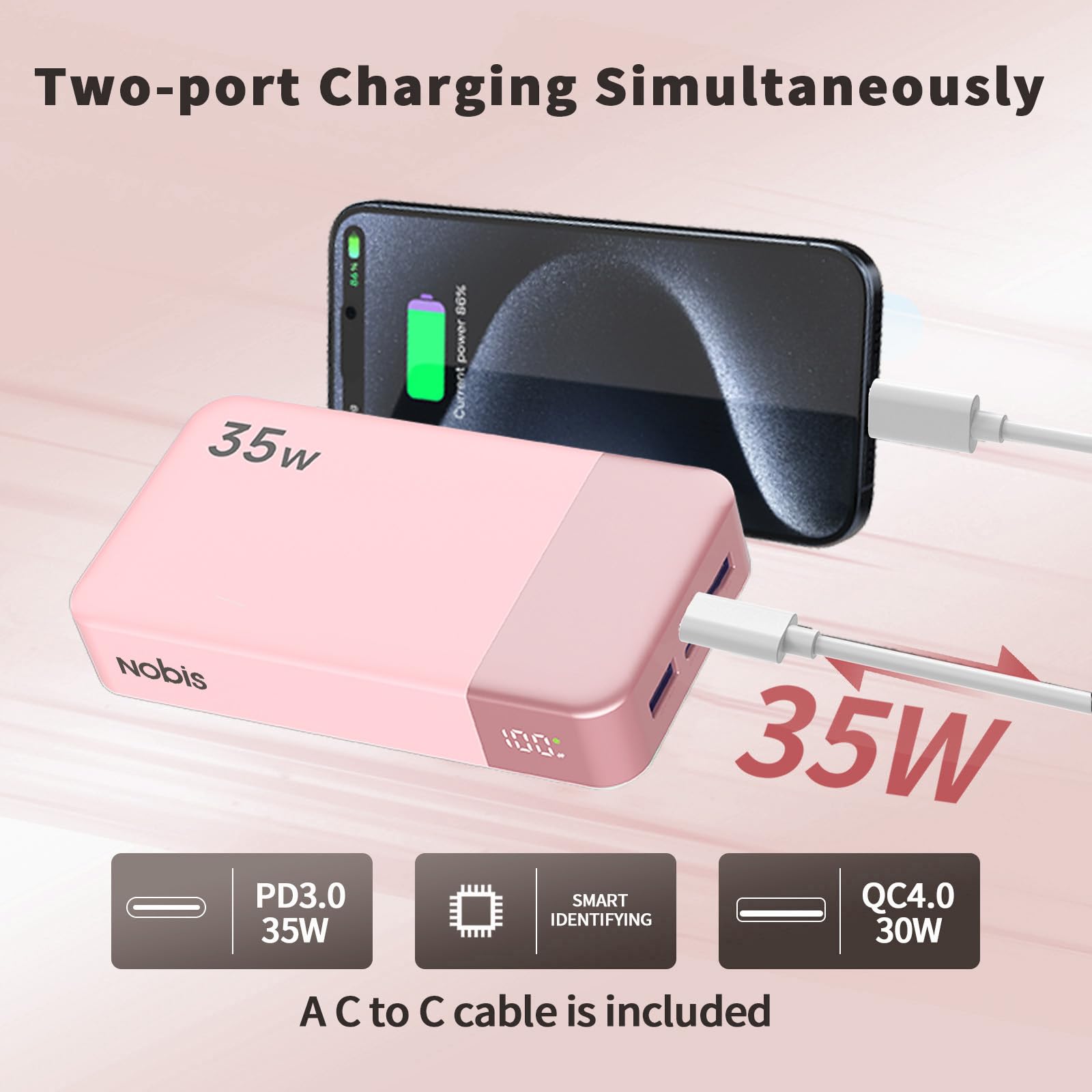 Nobis Cargador Portátil, Fuente de Alimentación Móvil 20000mah, Recarga rápida para Fuente de Alimentación Móvil 35w, Batería con Pantalla Digital para Phone, Android, etc (Rosa)