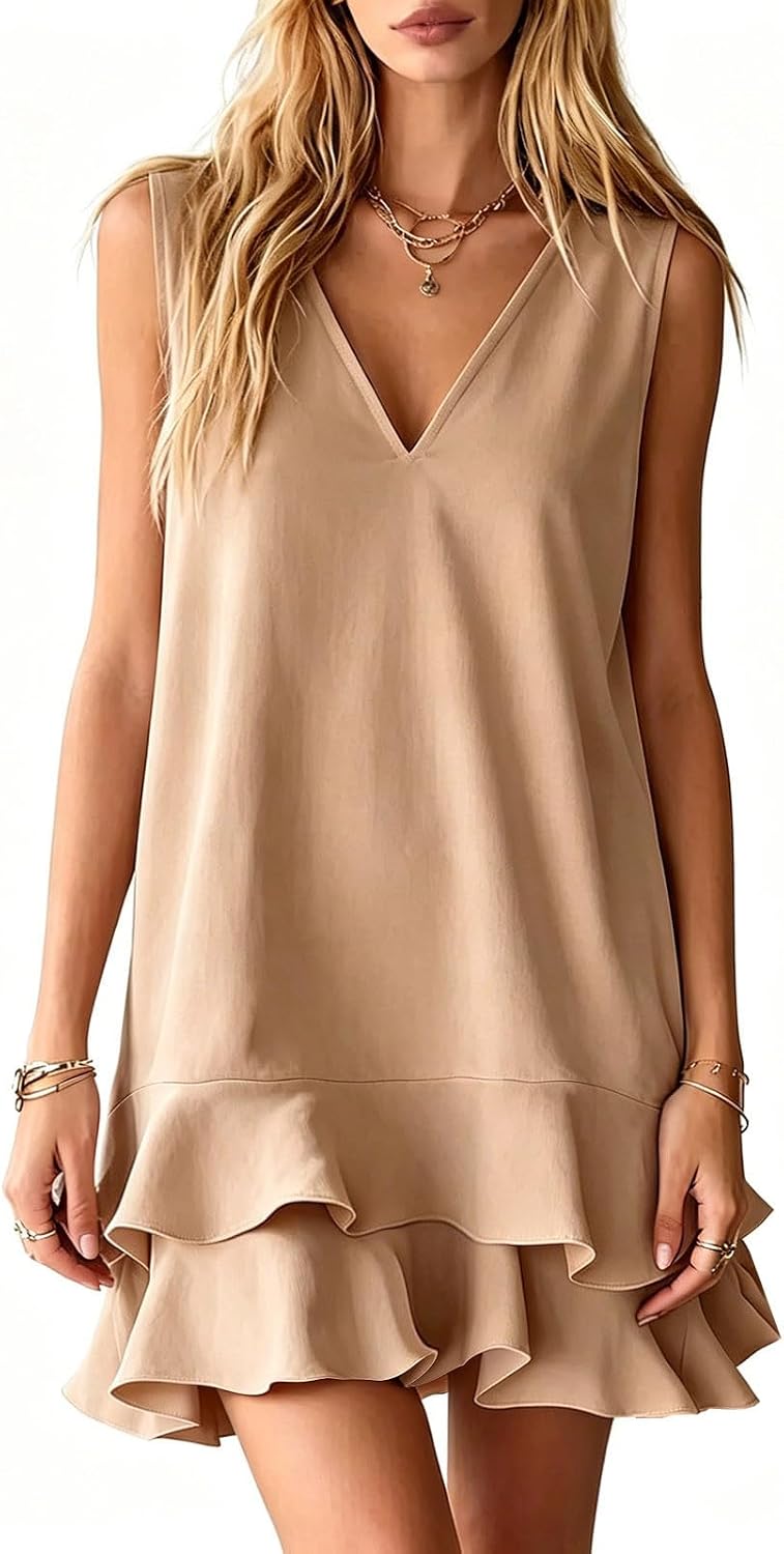 Women's Ruffle Tiered Hem Mini Tank Dress V Neck Sleeveless Short Dresses 2026 Summer Daily Going Out Sundress
