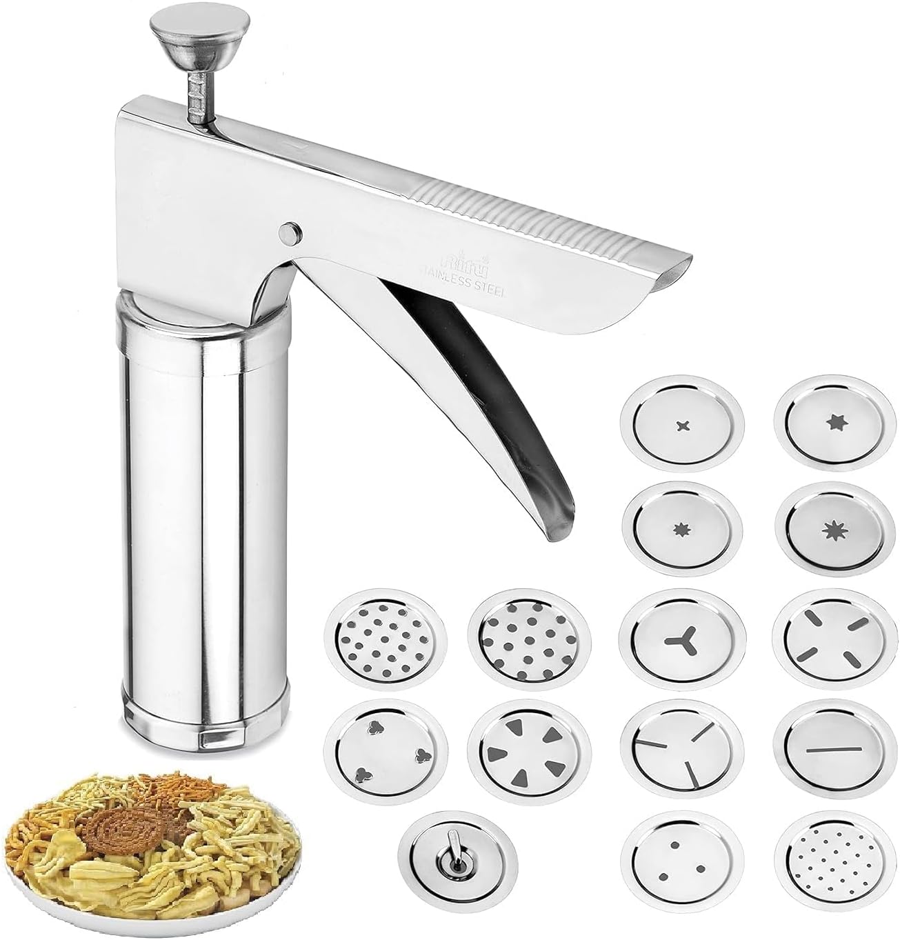 Becharaji - Stainless Steel Kitchen Press 15 Different Disc Grater & Cookies/Indian Snakes/Murukku Maker/Farsan Sev Maker with Stainless Steel Jalis (Silver)