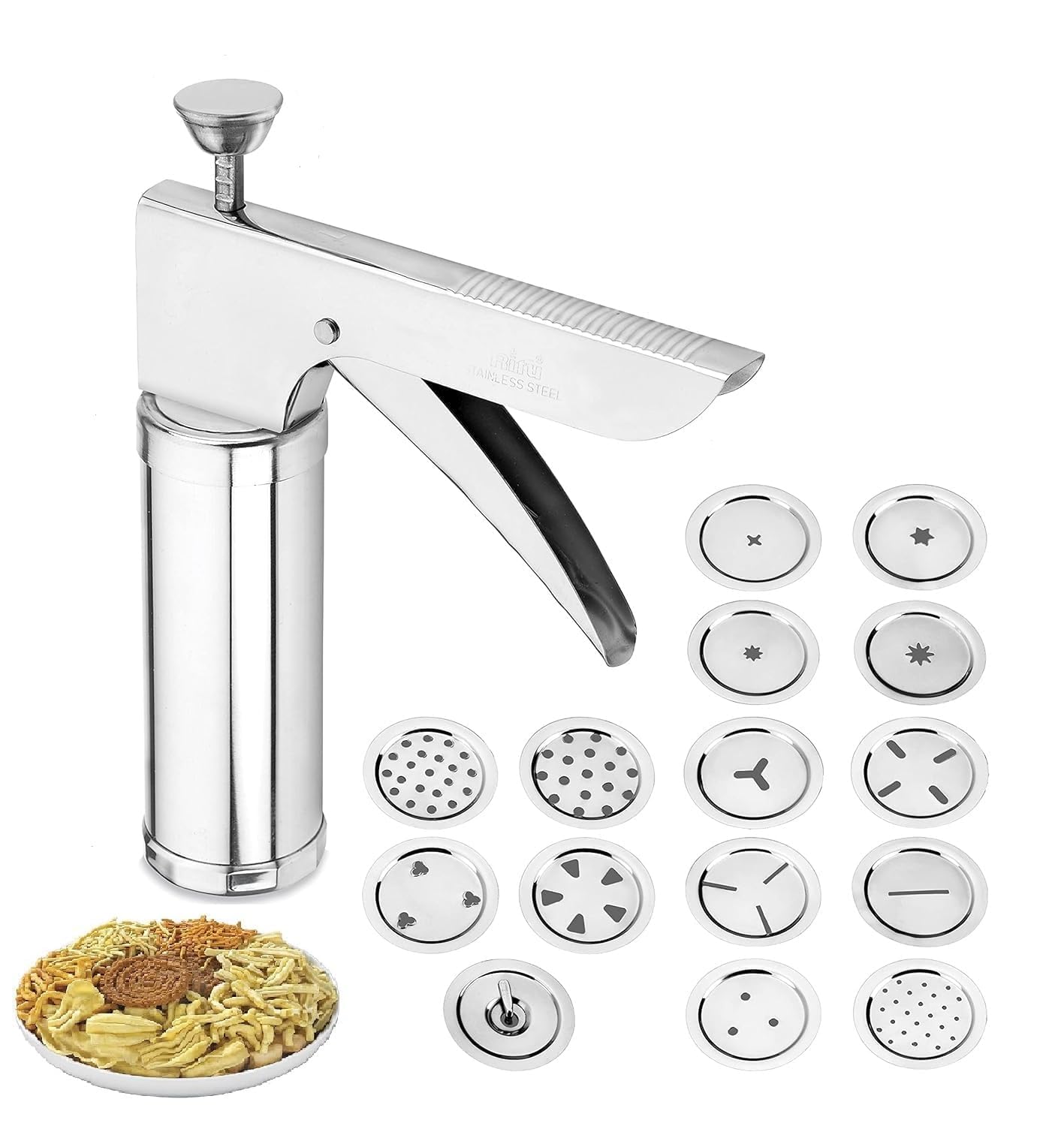 Becharaji - Stainless Steel Kitchen Press 15 Different Disc Grater & Cookies/Indian Snakes/Murukku Maker/Farsan Sev Maker with Stainless Steel Jalis (Silver)