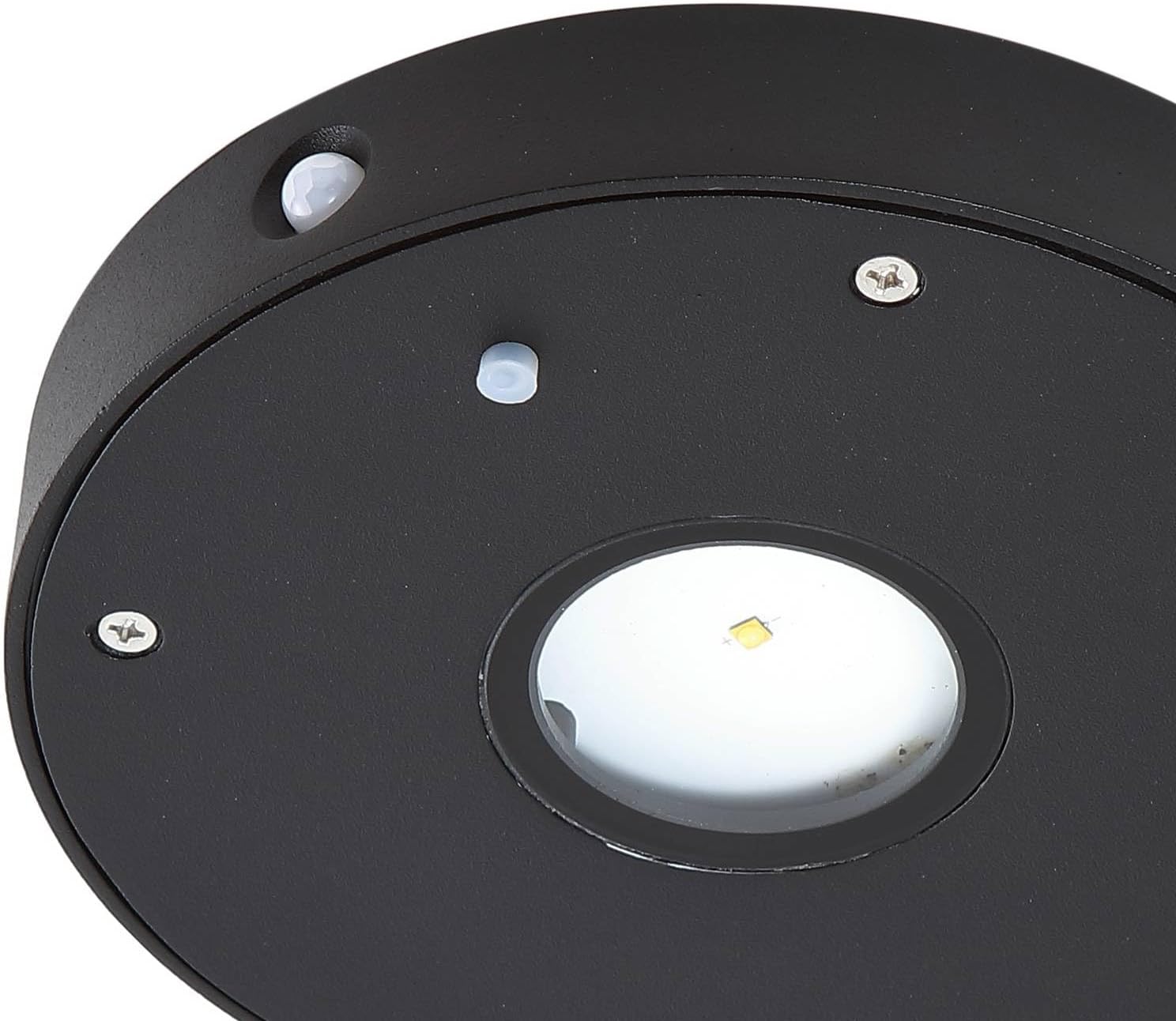 Close-up of the motion sensor and manual switch on the Lucande solar lamp